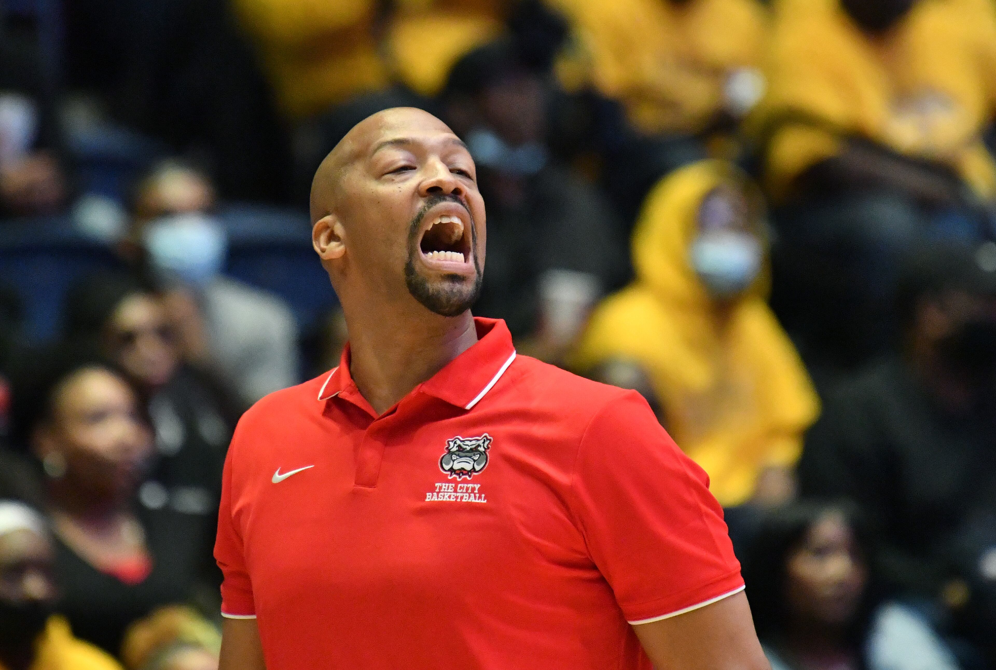 Tri-Cities' head coach Omari Forts shouts instructions during the 2022 GHSA State Basketball Class AAAAA Boys Championship game at the Macon Centreplex in Macon on Thursday, March 10, 2022. (Hyosub Shin / Hyosub.Shin@ajc.com)