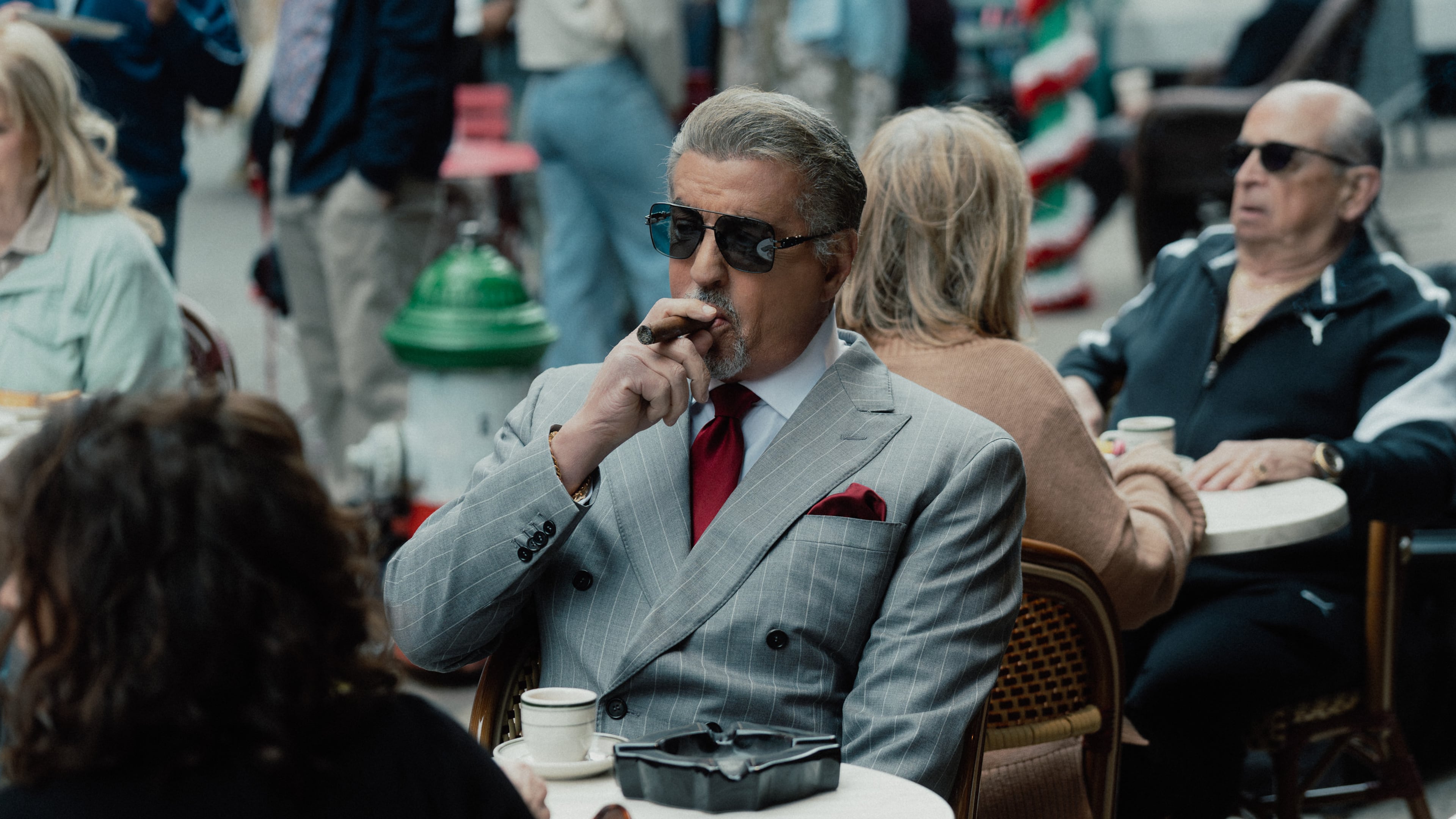 Dwight (played by Sylvester Stallone) visits his New York mafioso buddies in the first episode of Season 3 of "Tulsa King," streaming on Paramount+. (Atsushi Nishijima/Courtesy of Paramount+)