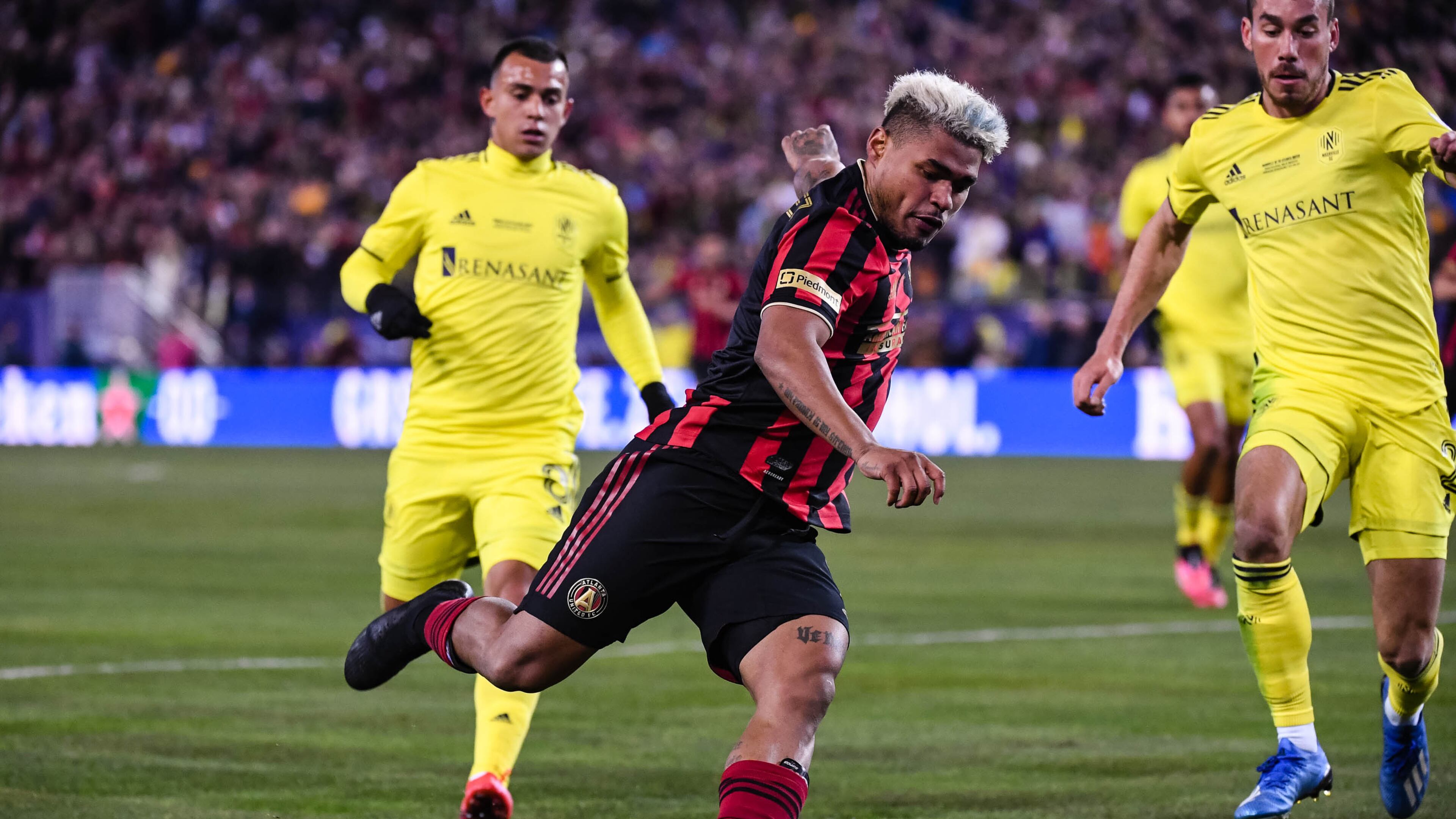 Atlanta United forward Josef Martinez #7 kicks the ball during the first half of the 2020 MLS season opener between Atlanta United FC and Nashville SC at Nissan Stadium in Nashville, Tennessee, on Saturday February 29, 2020. (Photo by Jacob Gonzalez/Atlanta United)