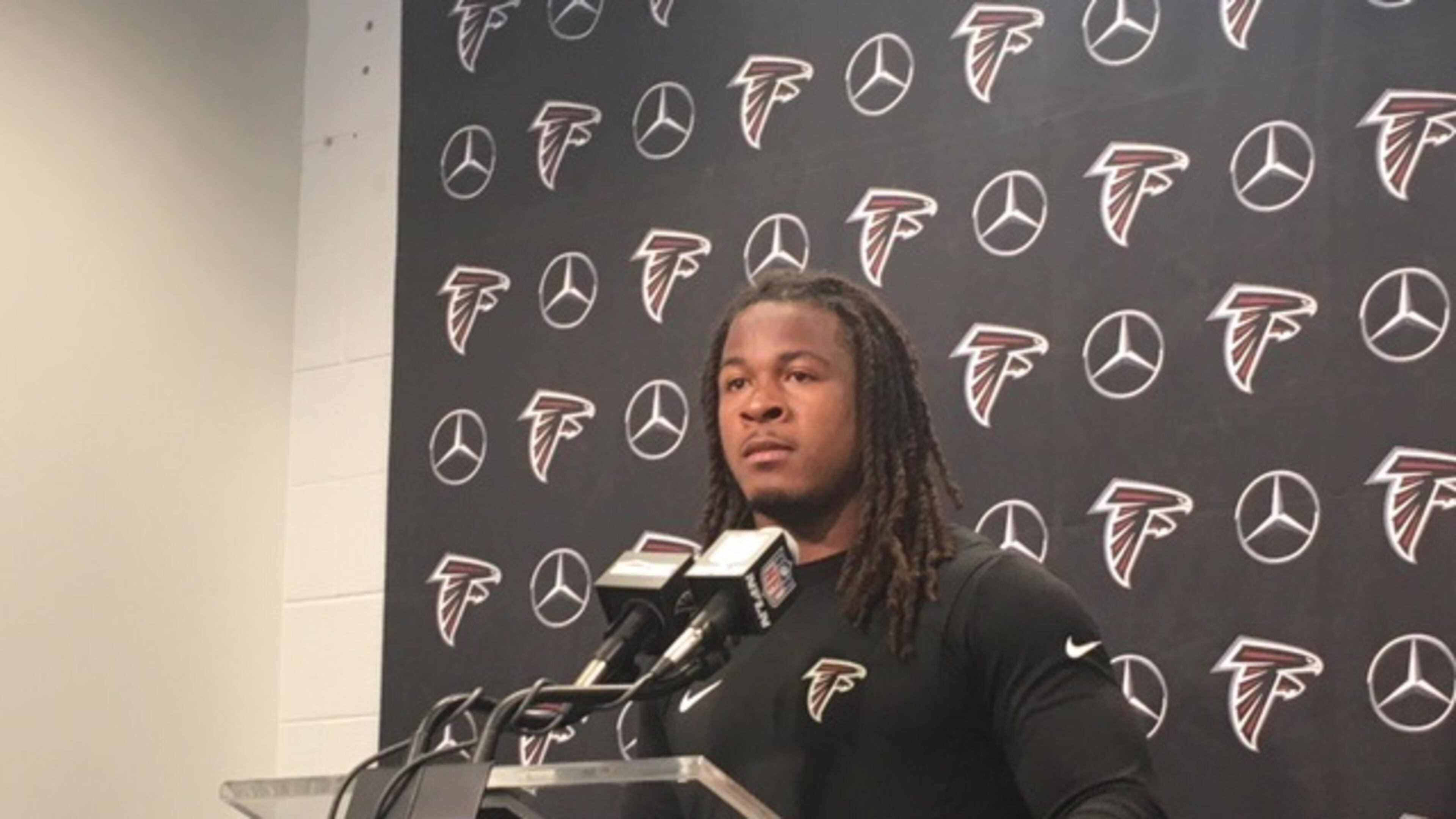 Falcons running back Devonta Freeman speaking to the media on Tuesday, May 16, 2017. (By D. Orlando Ledbetter/dledbetter@ajc.com)
