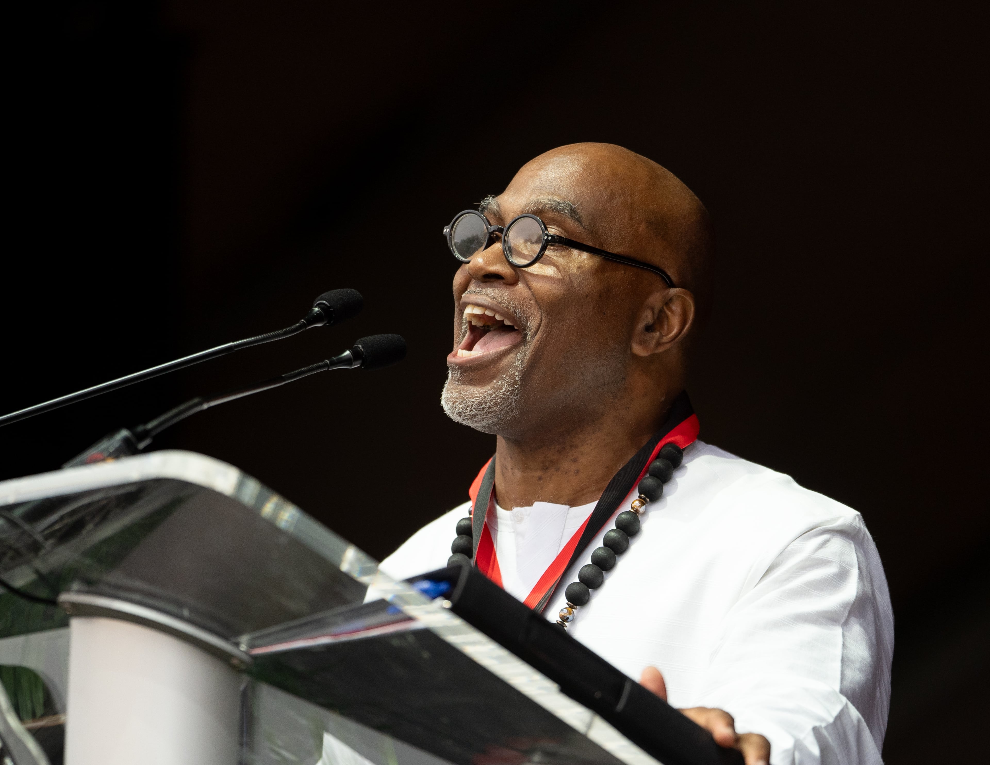 Dr.Daniel Black addresses the crowd at Clark Atlanta University's 35th annual commencement convocation on Saturday, May 18, 2024. (Ben Hendren for The Atlanta Journal-Constitution)