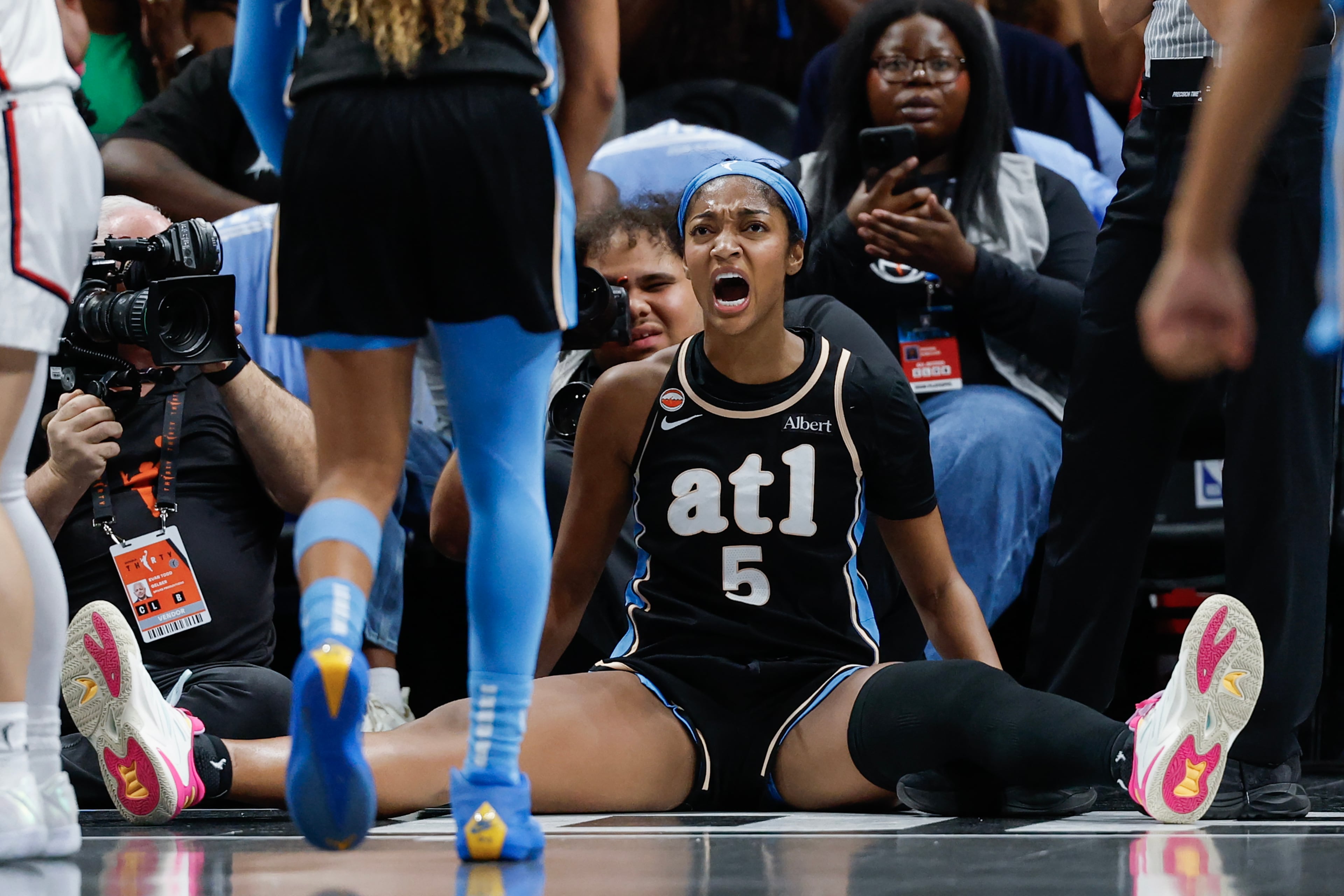 Recently christened WNBA Defensive Player of the Year Angel Reese, fired up. (Erik S. Lesser for the AJC)