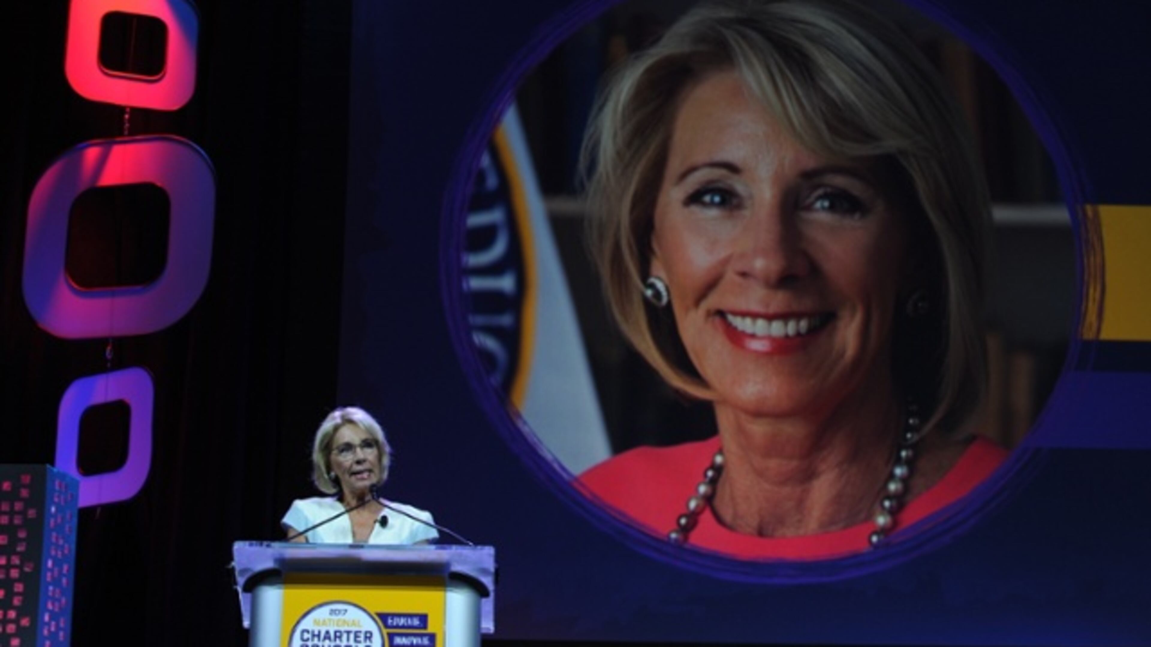 Education Secretary Betsy DeVos, shown here speaking this morning, told charter school advocates: "No one has a monopoly on innovation. No one has a monopoly on creativity. No one has a monopoly on knowing how every child learns."