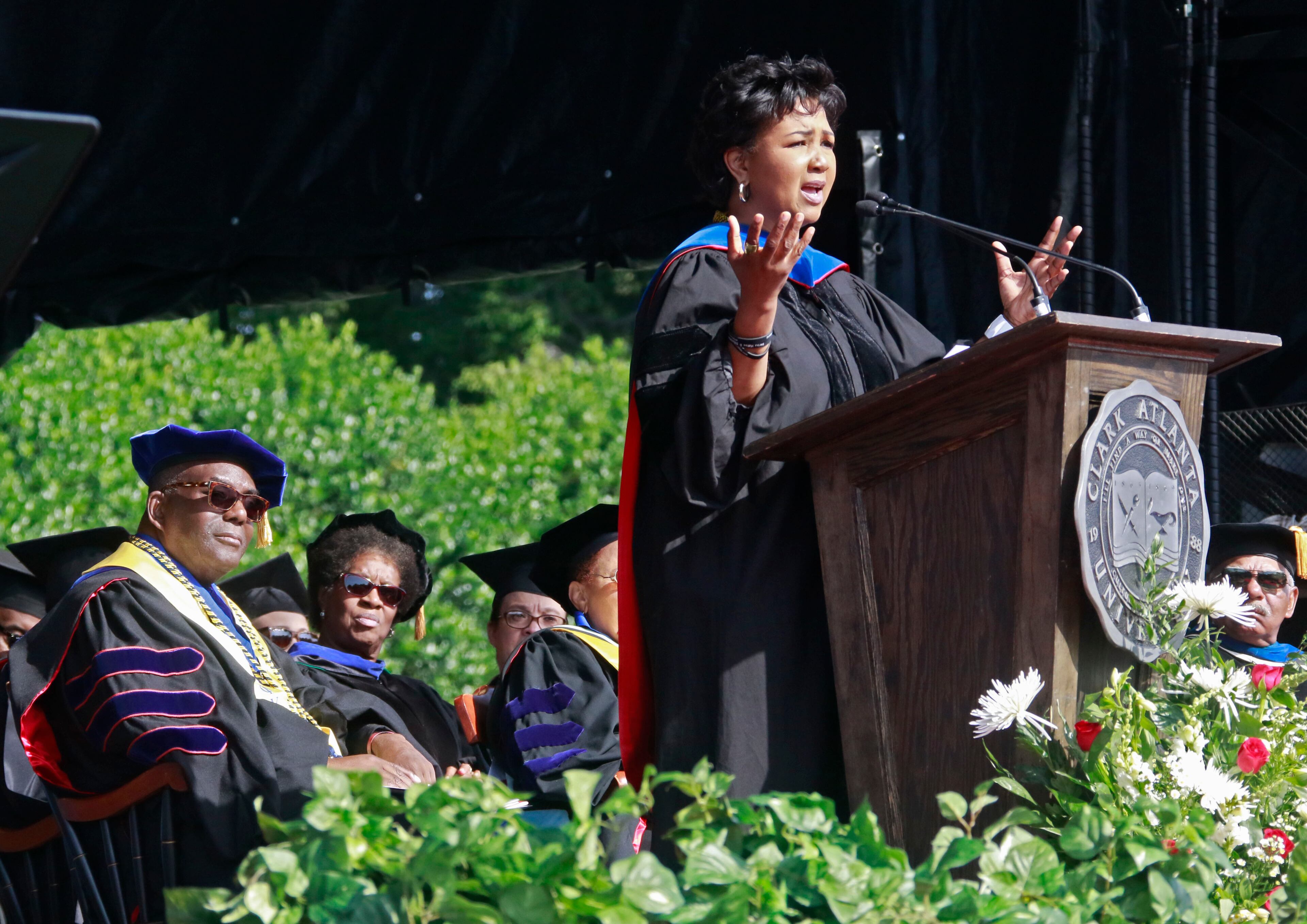 May 16, 2016 - Atlanta - Mae Jemison, the first woman of color in Space, delivers the keynote address. Clark Atlanta University class of 2016 filled Panther Stadium Monday morning for it's 27th annual Commencement Service. The keynote speaker was retired astronaut Mae Jemison, the first woman of color in Space. Honorary degrees were awarded to Hamilton Bohannon, a 1964 graduate of Clark College; Roland Carter; Congressman John Conyers, and Congressman Hank Johnson, a 1976 Clark College graduate. BOB ANDRES / BANDRES@AJC.COM