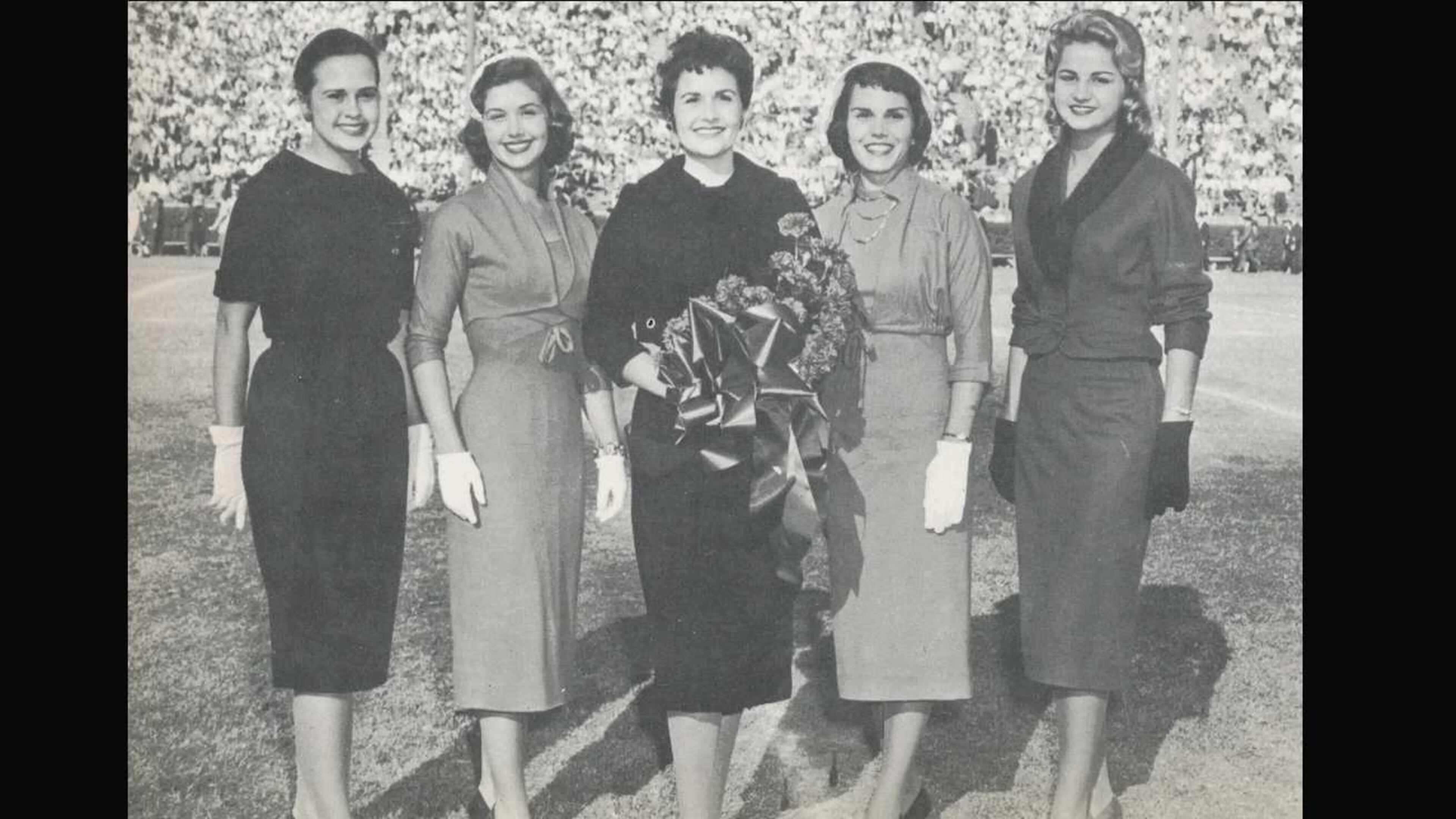 The 1958 University of Georgia homecoming court (from left to right): Nancy Jackson, Lillian McCurley, Sandra Thompson Valdes, Jane Chastain and Nancy McLean. Photo Credit: University of Georgia.