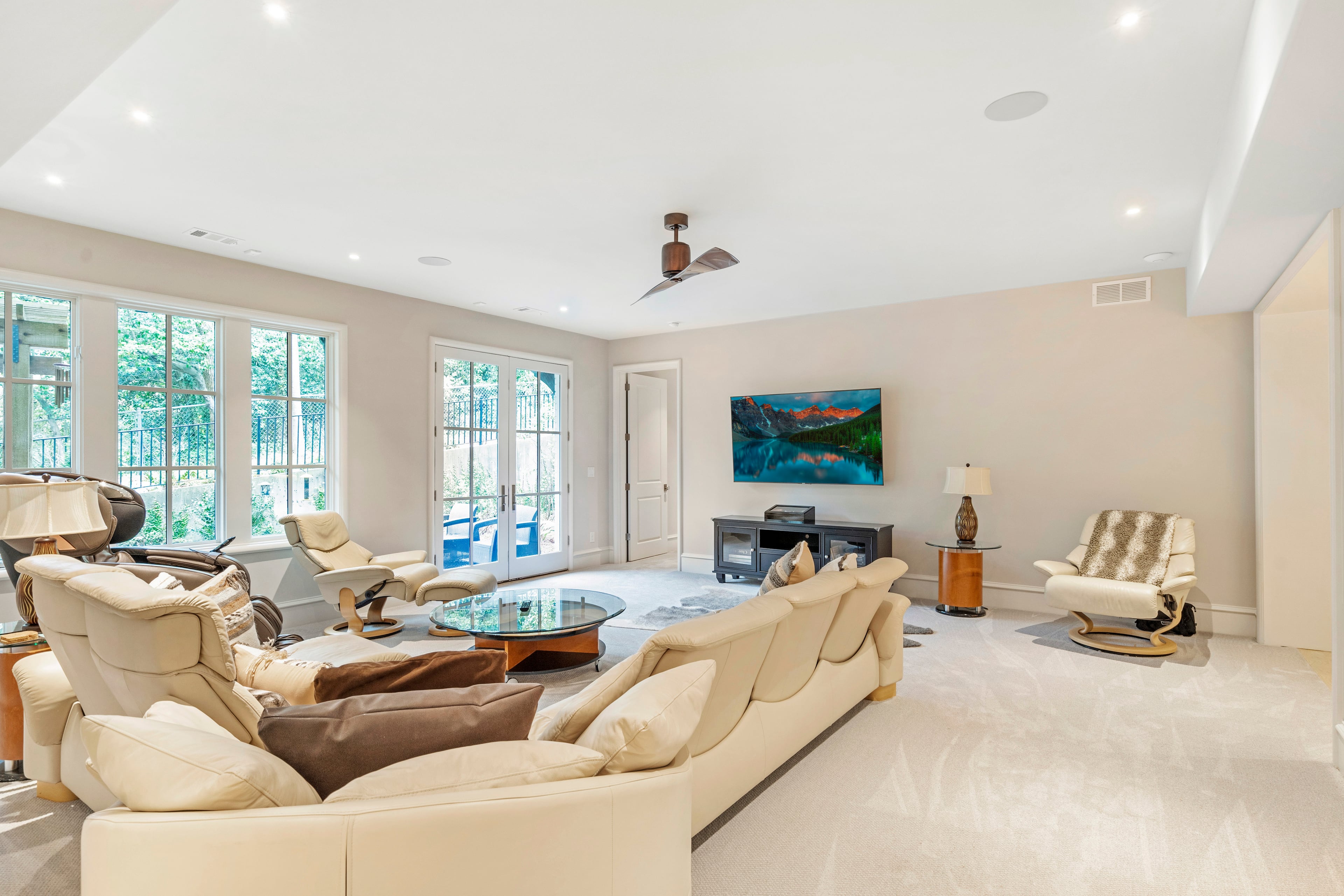 The basement family room allows light to stream in.