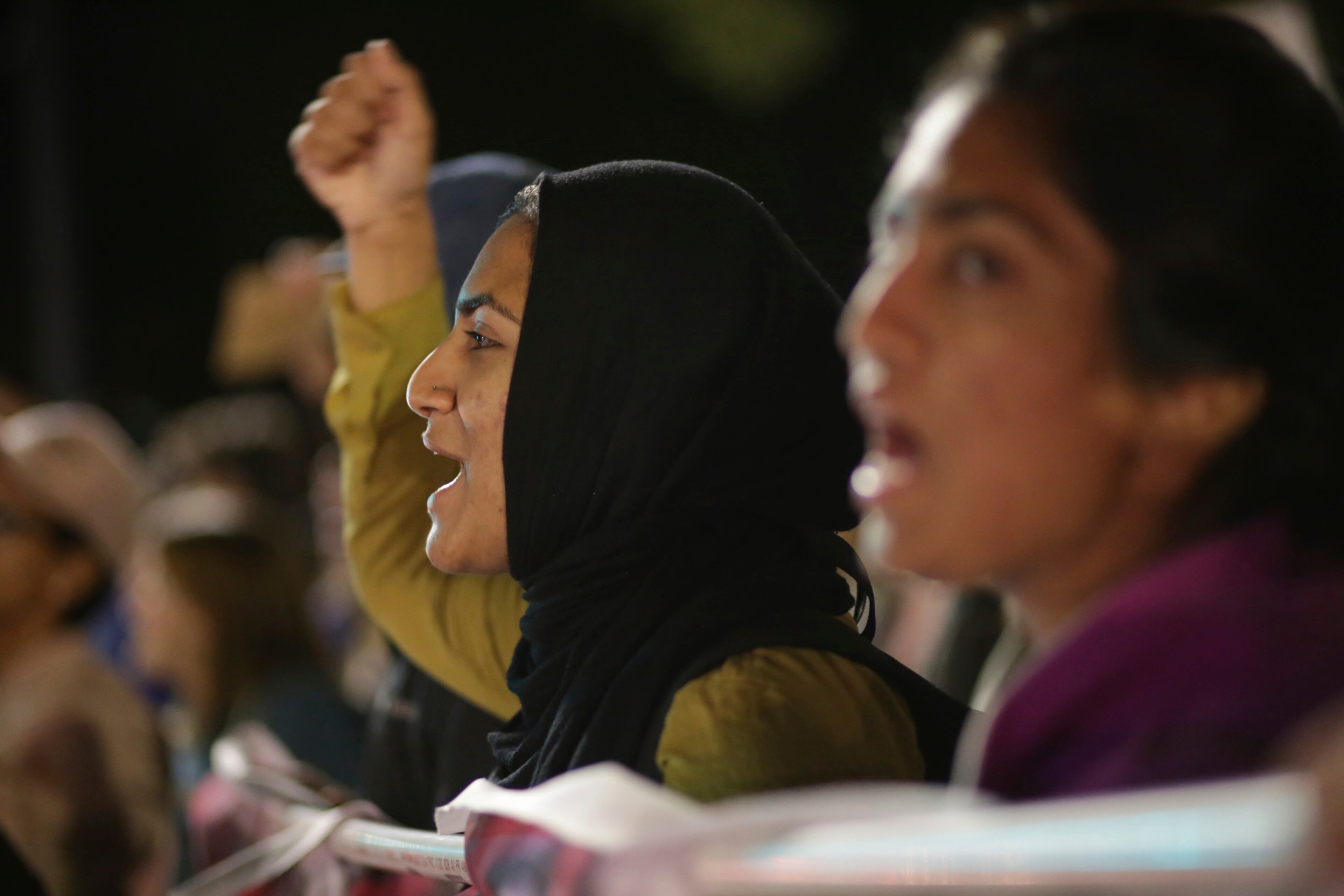 Mehreen Chaudhary chants during a protest in opposition of Donald Trump's presidential election victory, Wednesday, Nov. 9, 2016, in Athens, Ga (John Roark/Athens Banner-Herald via AP)