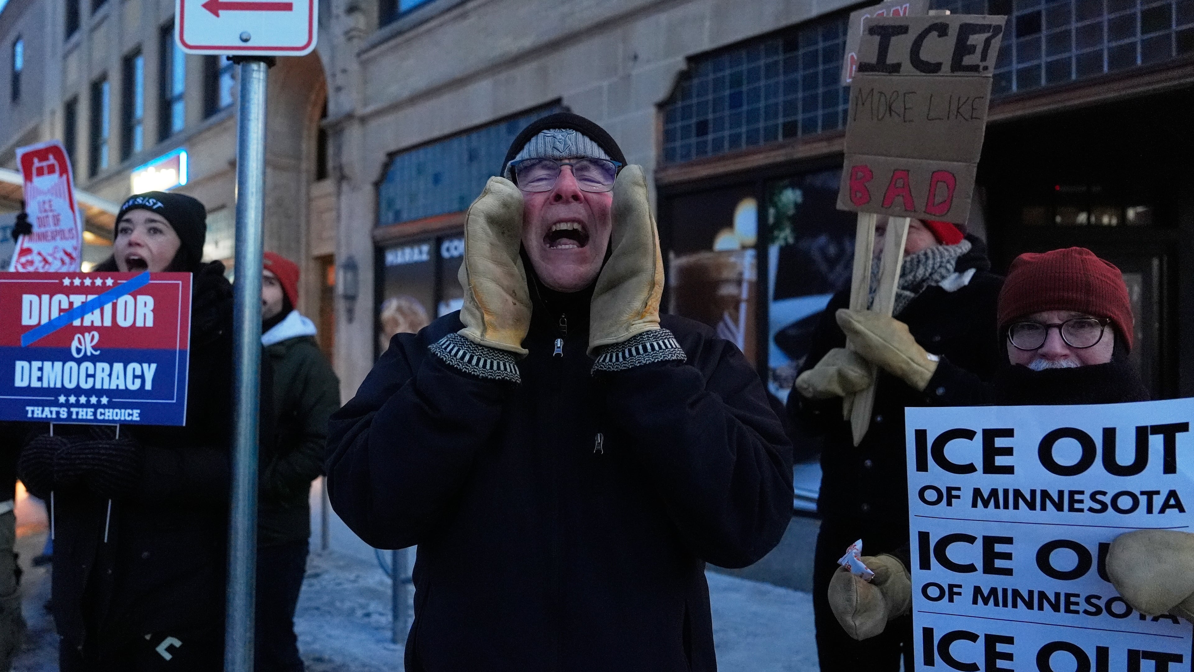 A demonstrator shouts during a rally against federal immigration enforcement on Wednesday, Jan. 28, 2026, in Minneapolis. (Julia Demaree Nikhinson/AP)