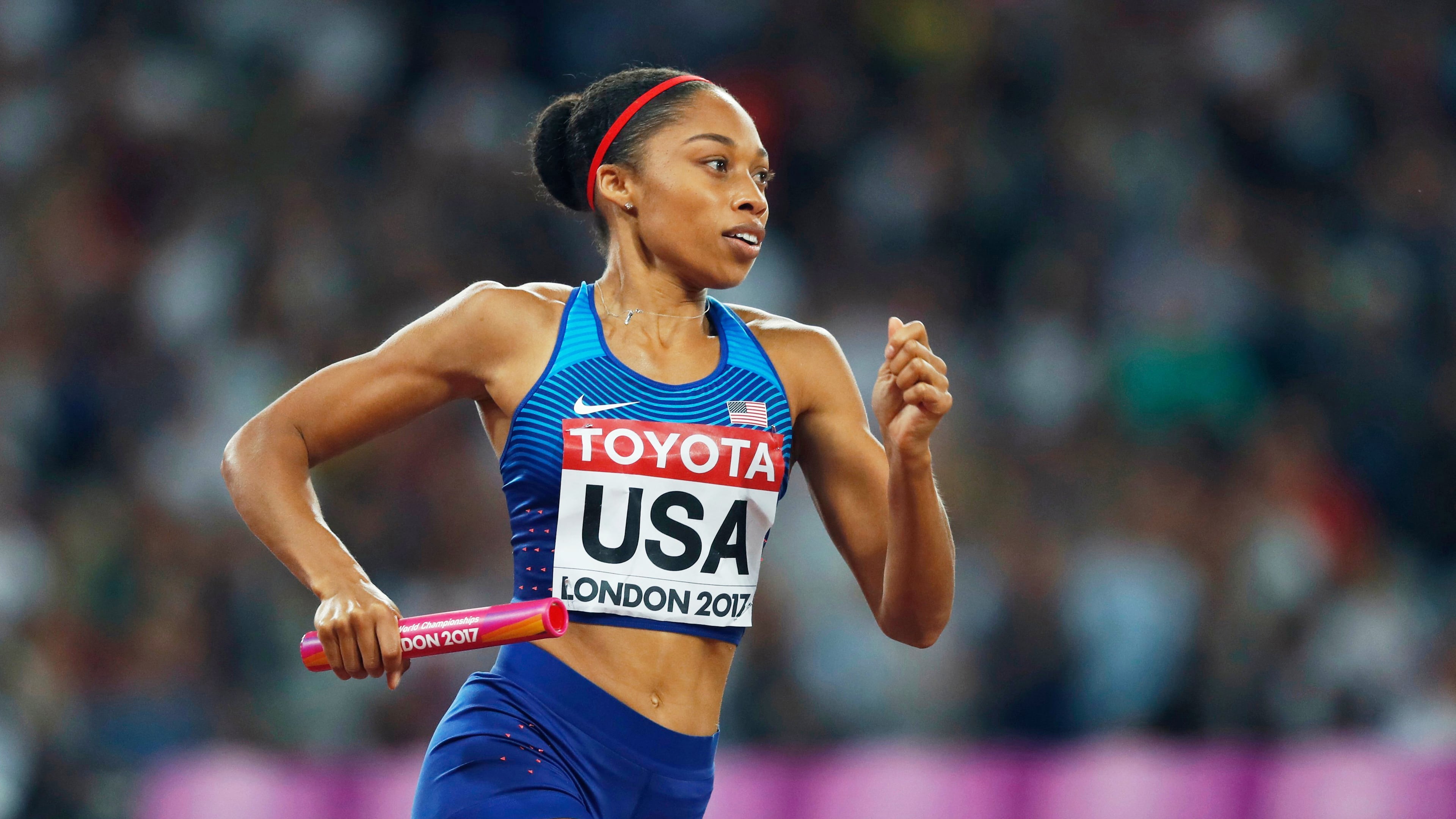 FILE - United States' Allyson Felix competes in the women's 4x400-meter final during the World Athletics Championships in London on Aug. 13, 2017. (AP Photo/Kirsty Wigglesworth, File)
