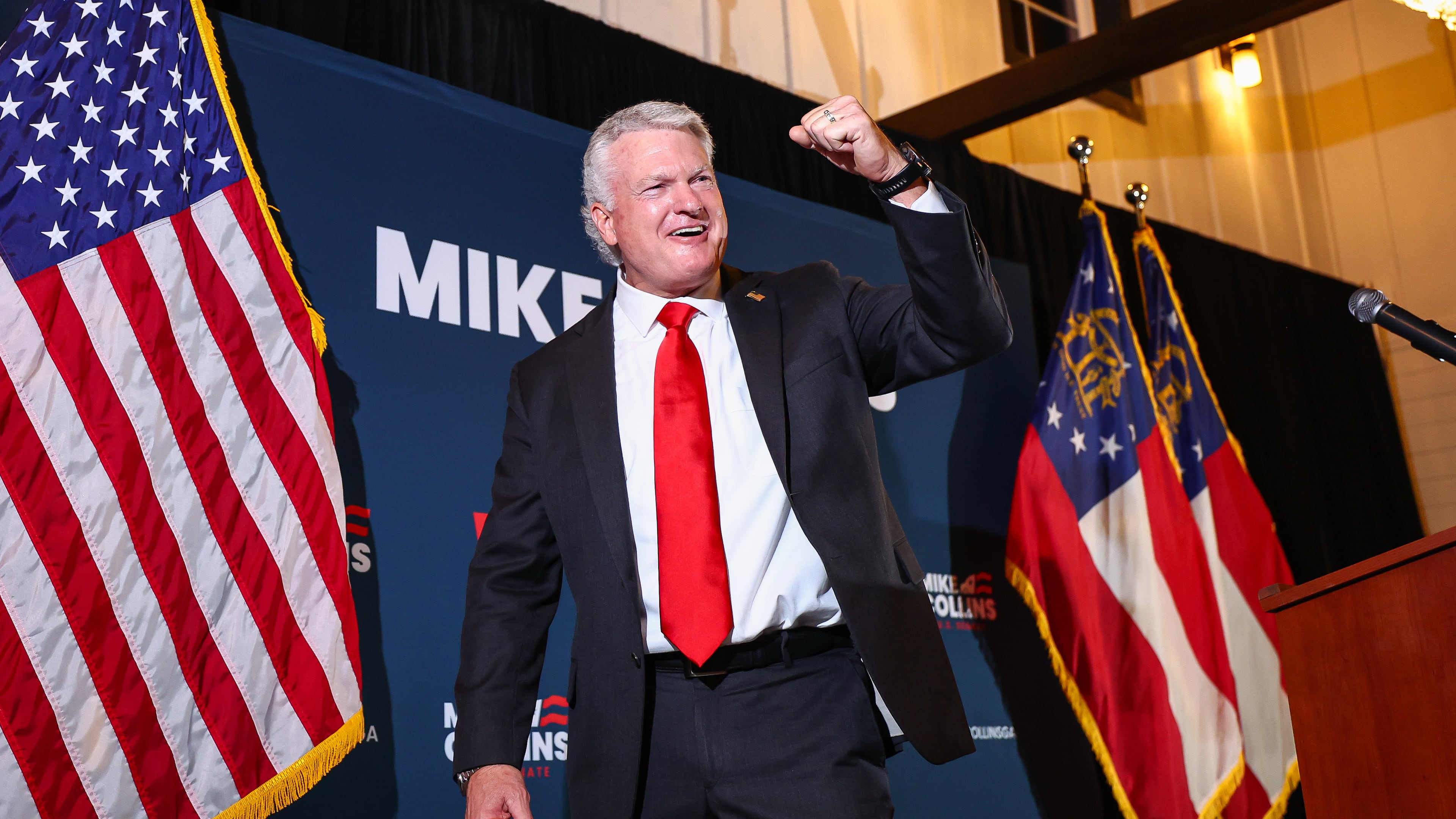 U.S. Senate candidate Mike Collins celebrates during an election-night watch party after winning the Republican nomination, Tuesday, June 16, 2026, in Jackson, Ga. (AP Photo/Colin Hubbard)