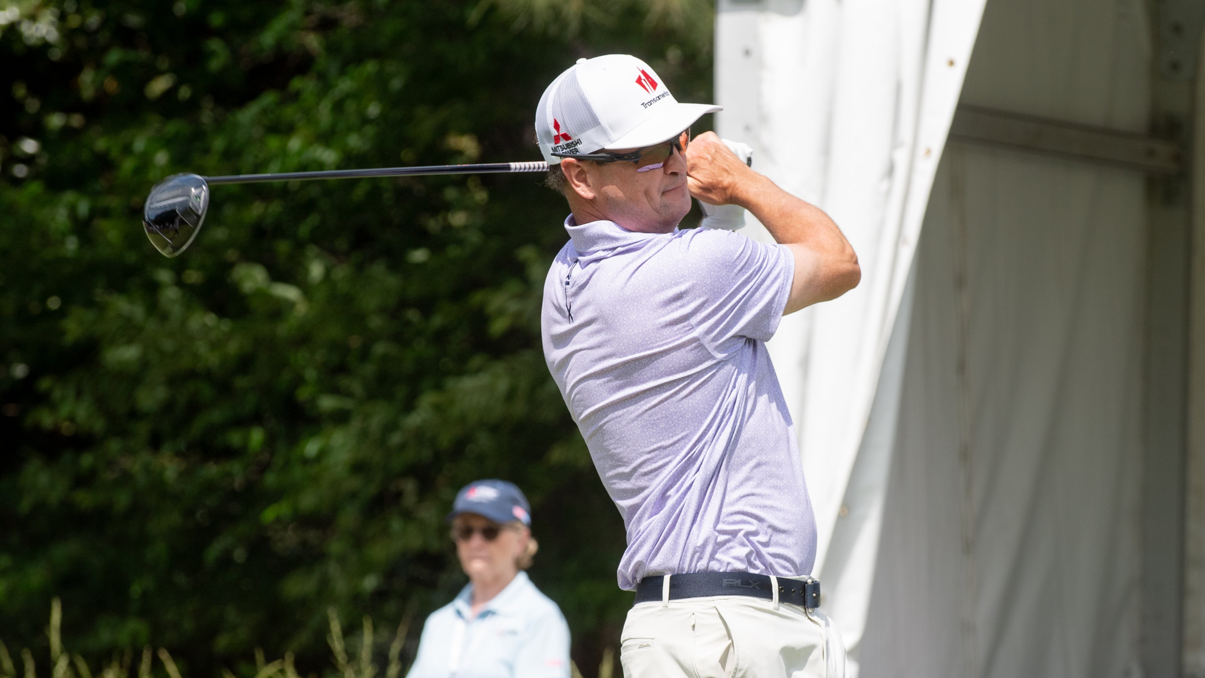 Zach Johnson tees off on Friday during the first round of the Mitsubishi Electric Classic at TPC Sugarloaf in Duluth. Johnson scored 15 points to take the first-round lead, April 24, 2026. (Courtesy/David King)