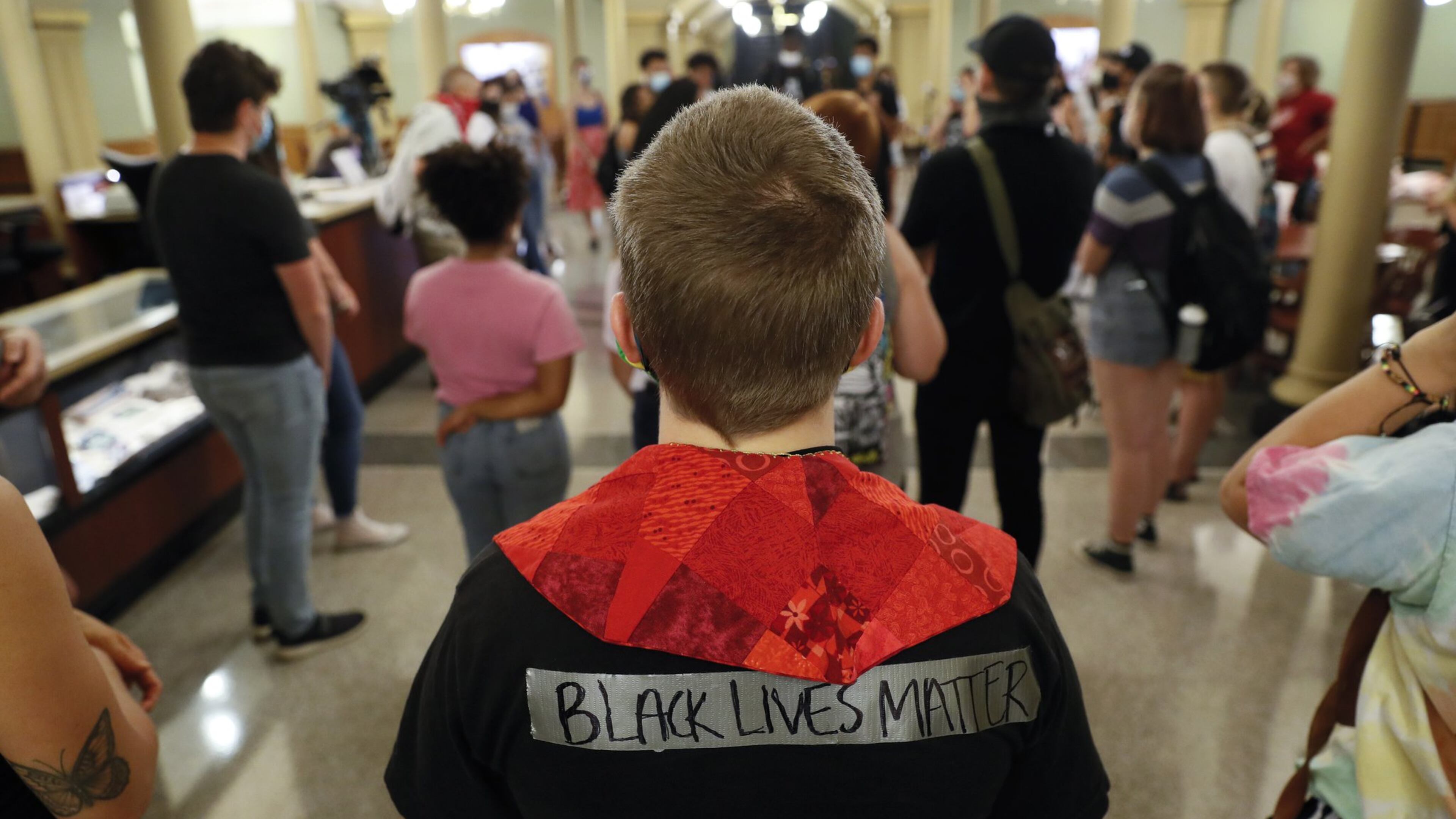 Black Lives Matter protesters rally outside Iowa Gov. Kim Reynolds’ office, Thursday, June 18, 2020, at the Statehouse in Des Moines, Iowa. (AP Photo/Charlie Neibergall)