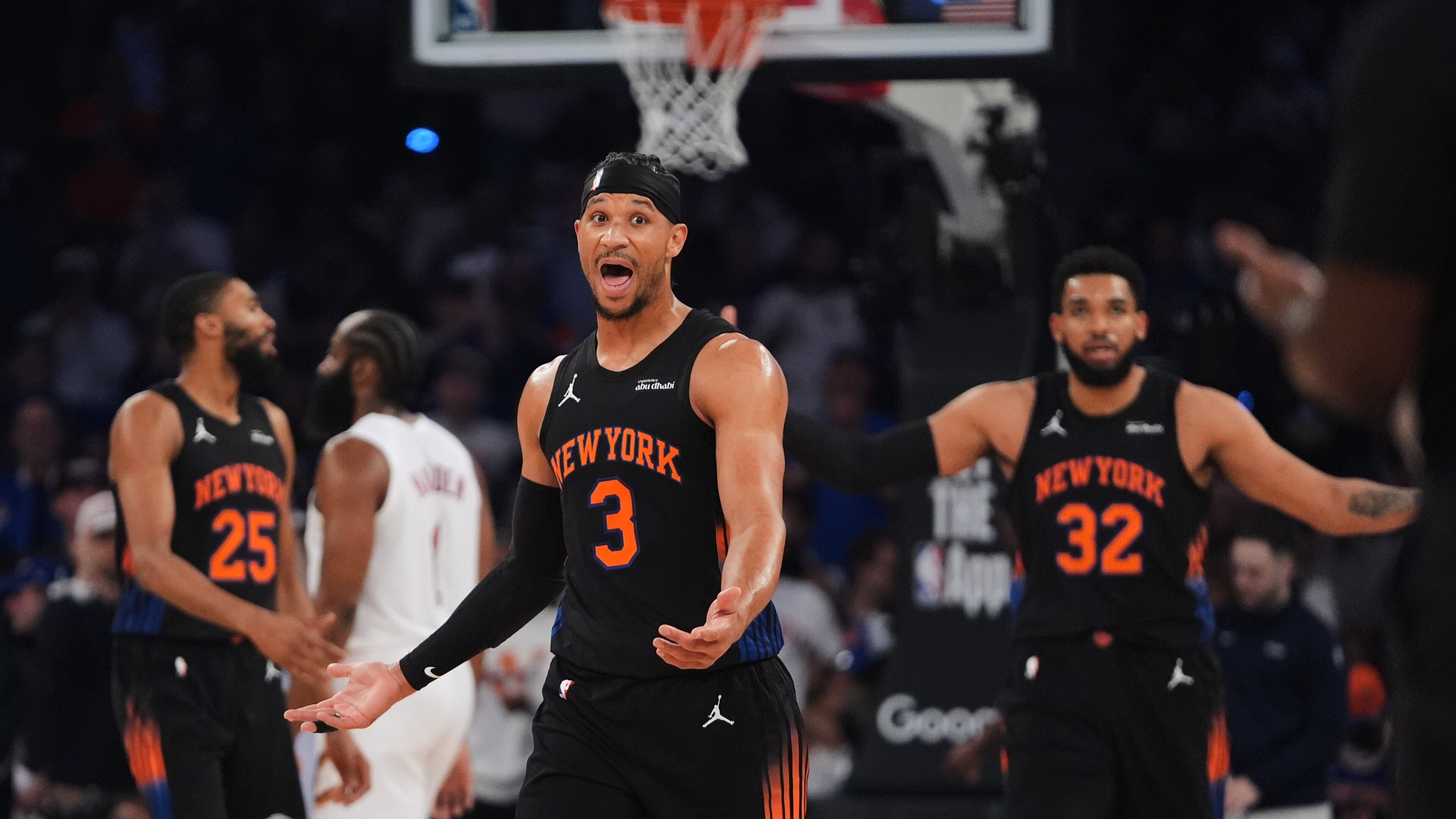 New York Knicks' Josh Hart (3) argues for a call with an official during the first half of Game 2 in the Eastern Conference finals NBA basketball playoffs series against the Cleveland Cavaliers, Thursday, May 21, 2026, in New York. (AP Photo/Frank Franklin II)