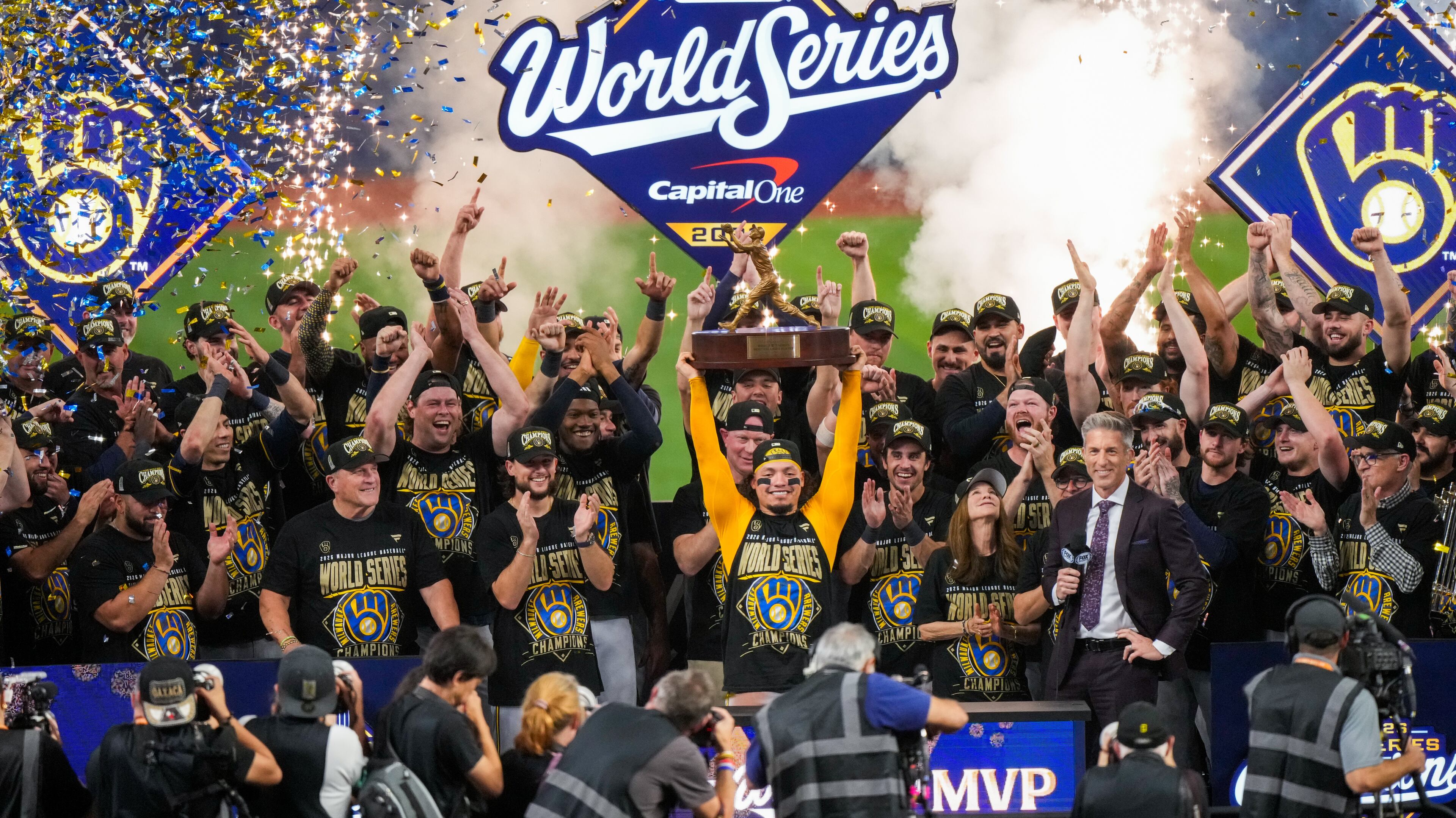 Milwaukee Brewers catcher William Contreras holds the MVP trophy after winning baseball's World Series against the Tampa Bay Rays, Wednesday, Oct. 28, 2026, in St. Petersburg, Fla. (AP Photo/Morry Gash)