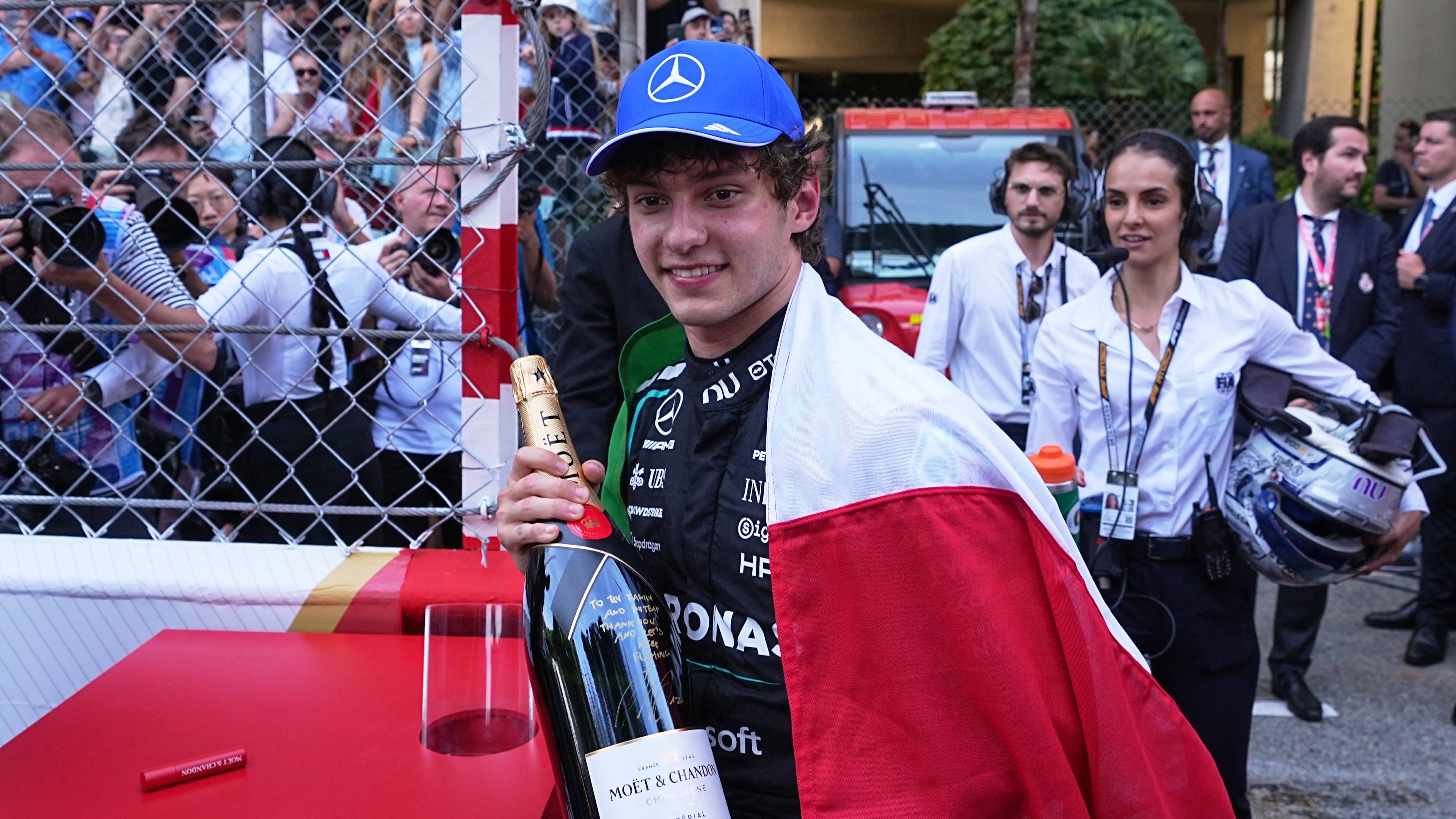 Mercedes driver Andrea Kimi Antonelli, of Italy, reacts after winning the Formula One Monaco Grand Prix race at the Monaco racetrack, Sunday, June 7, 2026. (AP Photo/Fatima Shbair)