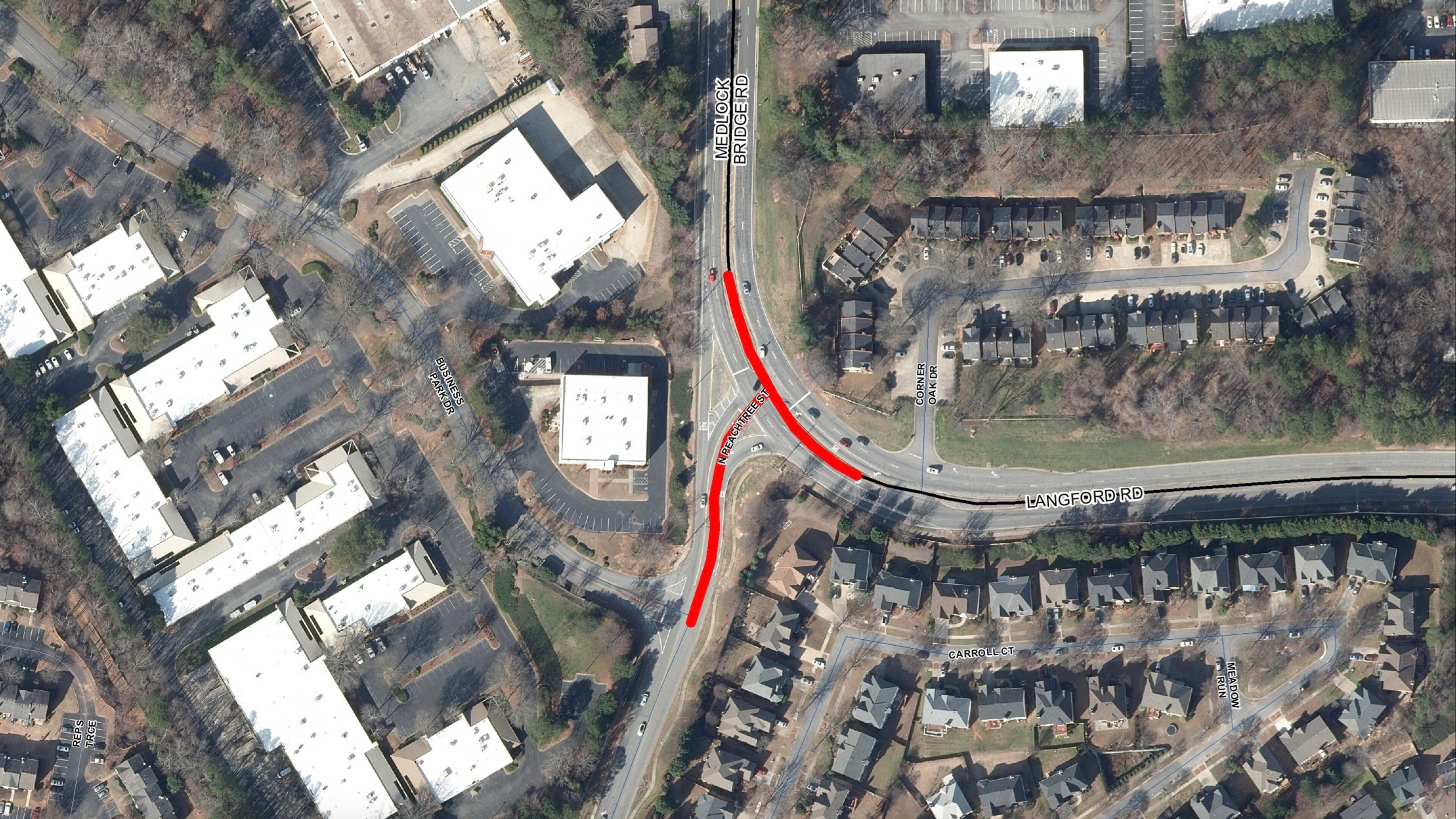 Gwinnett plans to realign the right turn lane for traffic traveling from Medlock Bridge onto North Peachtree Street in Norcross. Construction will also include replacing the existing signal with a traffic signal with mast arms. (Courtesy Gwinnett County)