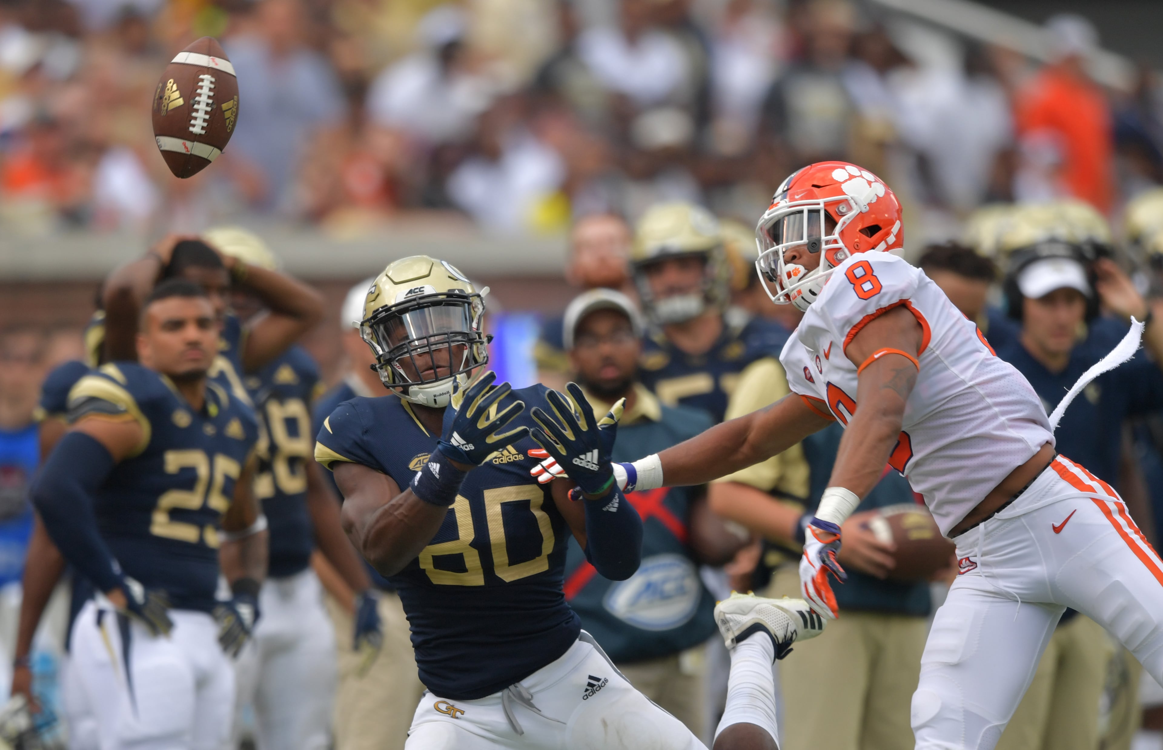 September 22, 2018 Atlanta - Clemson cornerback A.J. Terrell (8) breaks up a pass intended for Georgia Tech wide receiver Jalen Camp (80) in the second half at Bobby Dodd Stadium on Saturday, September 22, 2018. HYOSUB SHIN / HSHIN@AJC.COM