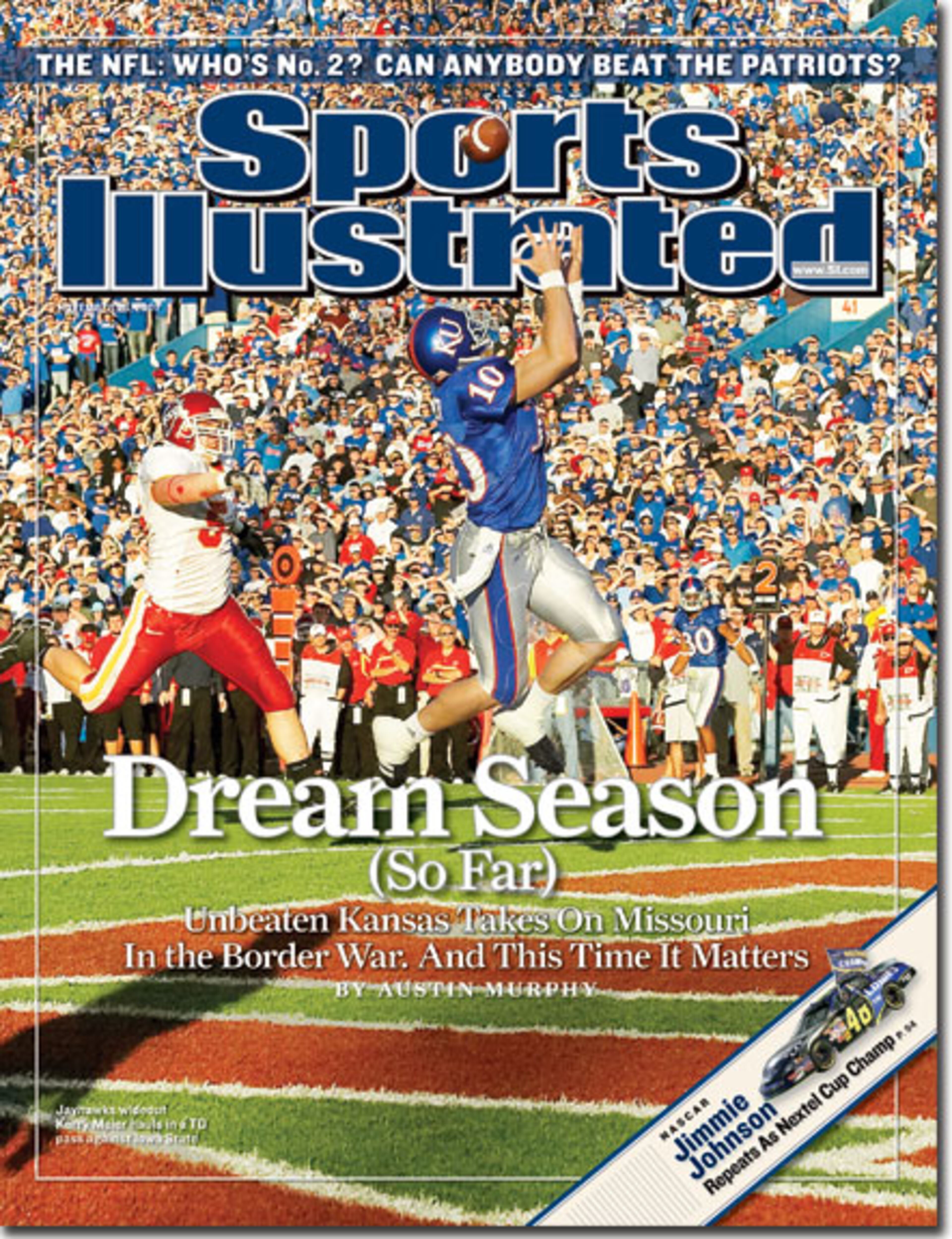 Kansas Jayhawks wide receiver Kerry Meier appeares on the cover over the headline "Dream Season (So Far)" after the Jayhawks were 11-0. In their next game they lose to archrivals Missouri Tigers, 36-28, ending their perfect season.