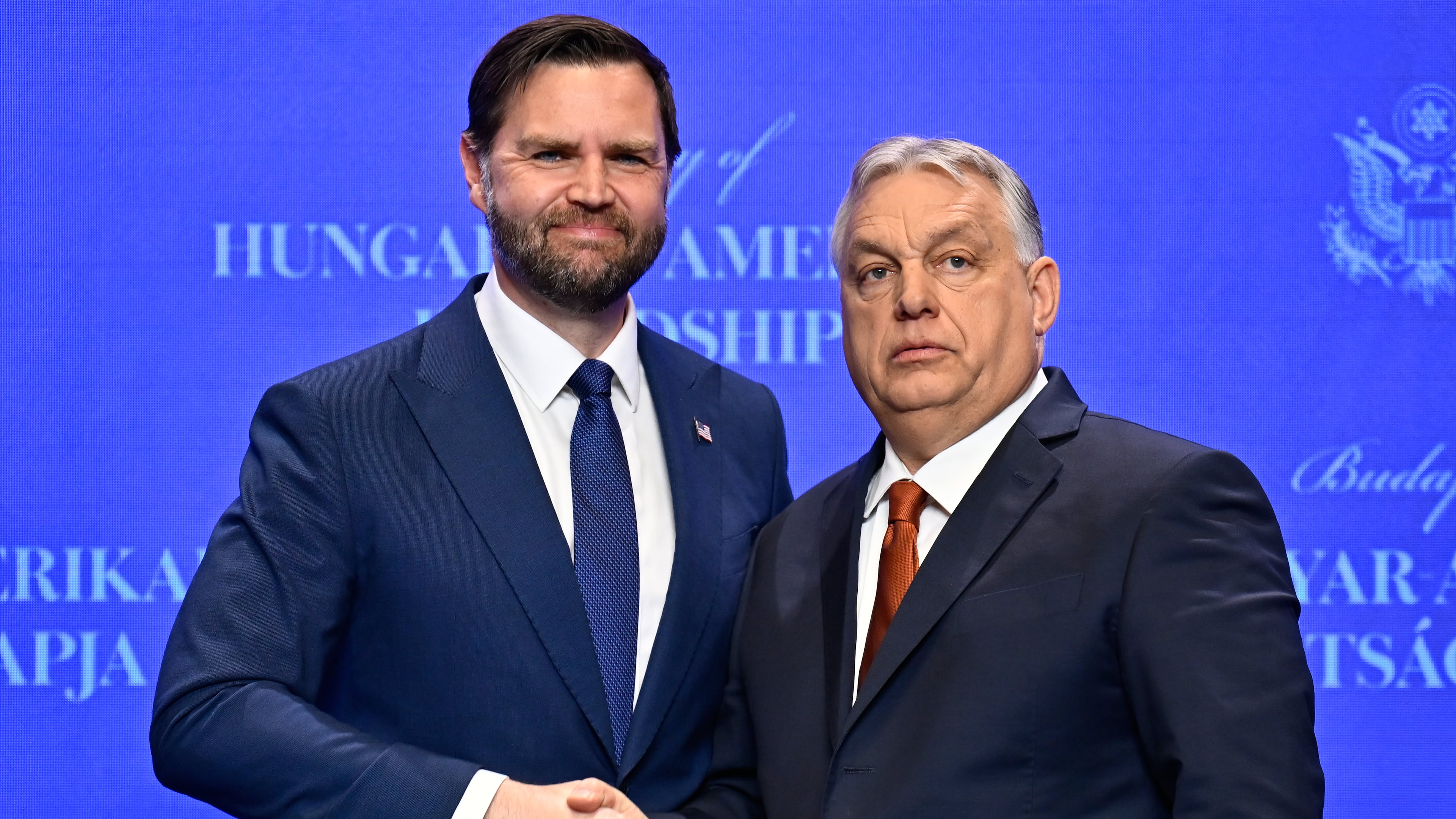 U.S. Vice President JD Vance shakes hands with Hungarian Prime Minister Viktor Orban as they meet in Budapest, Hungary, Tuesday, April 7, 2026. (AP Photo/Denes Erdos)