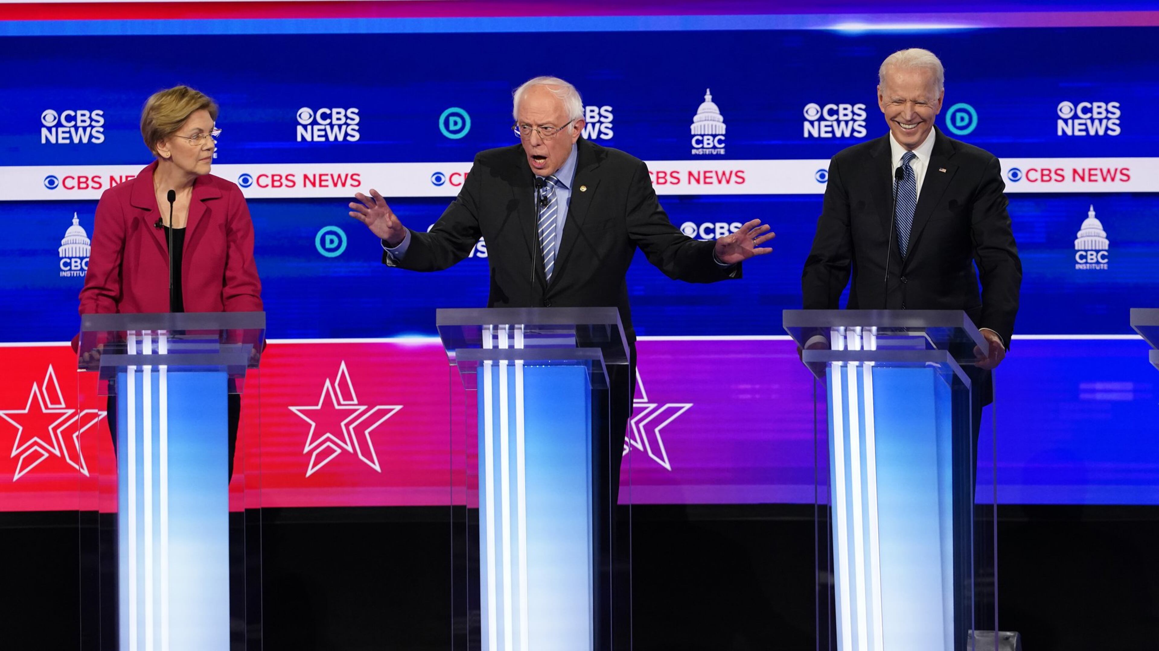 As the front-runner in the race for the Democratic nomination for president, Vermont U.S. Sen. Bernie Sanders, center, took a lot of heat from other candidates at Tuesday’s debate in Charleston, S.C. But he also hit back hard at his rivals. (Erin Schaff/The New York Times)