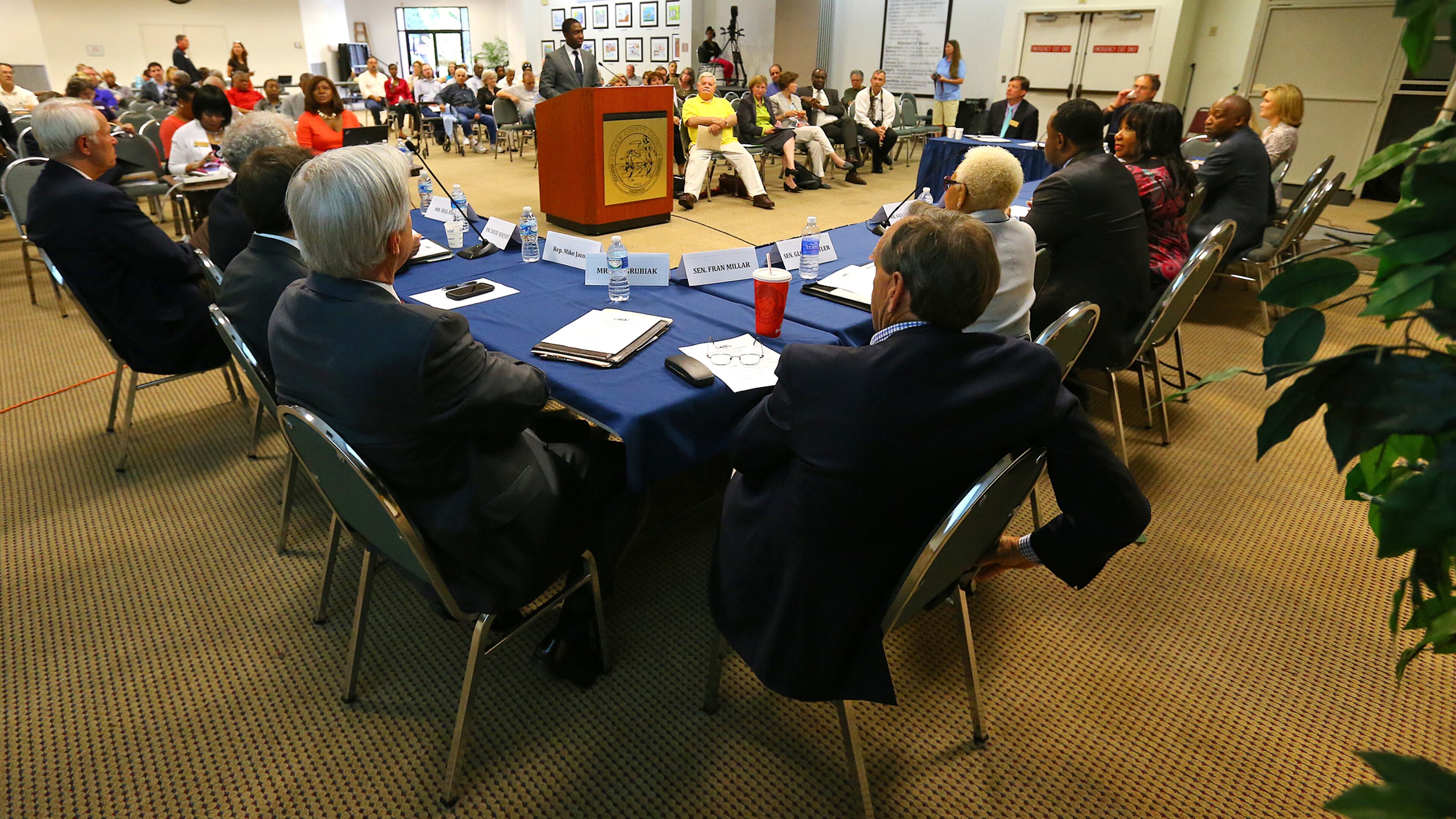 060514 DECATUR: A 17 member Operations Task Force meets for the first time at the Maloof Auditorium with the goal of fixing a broken DeKalb County on Thursday, June 5, 2014, in Decatur. CURTIS COMPTON / CCOMPTON@AJC.COM The DeKalb Operations Task Force met for the first time at the Maloof Auditorium on June 5, 2014. CURTIS COMPTON / CCOMPTON@AJC.COM