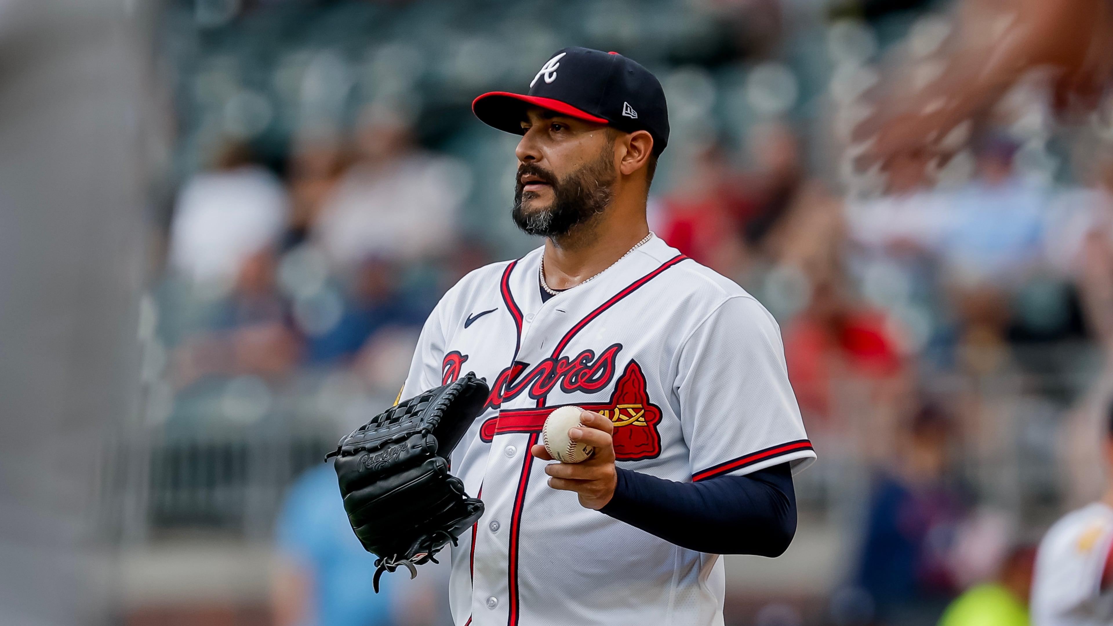 Braves pitcher Martín Pérez allowed four hits over seven innings in Atlanta's win Thursday at Truist Park. (Erik S. Lesser/AP)