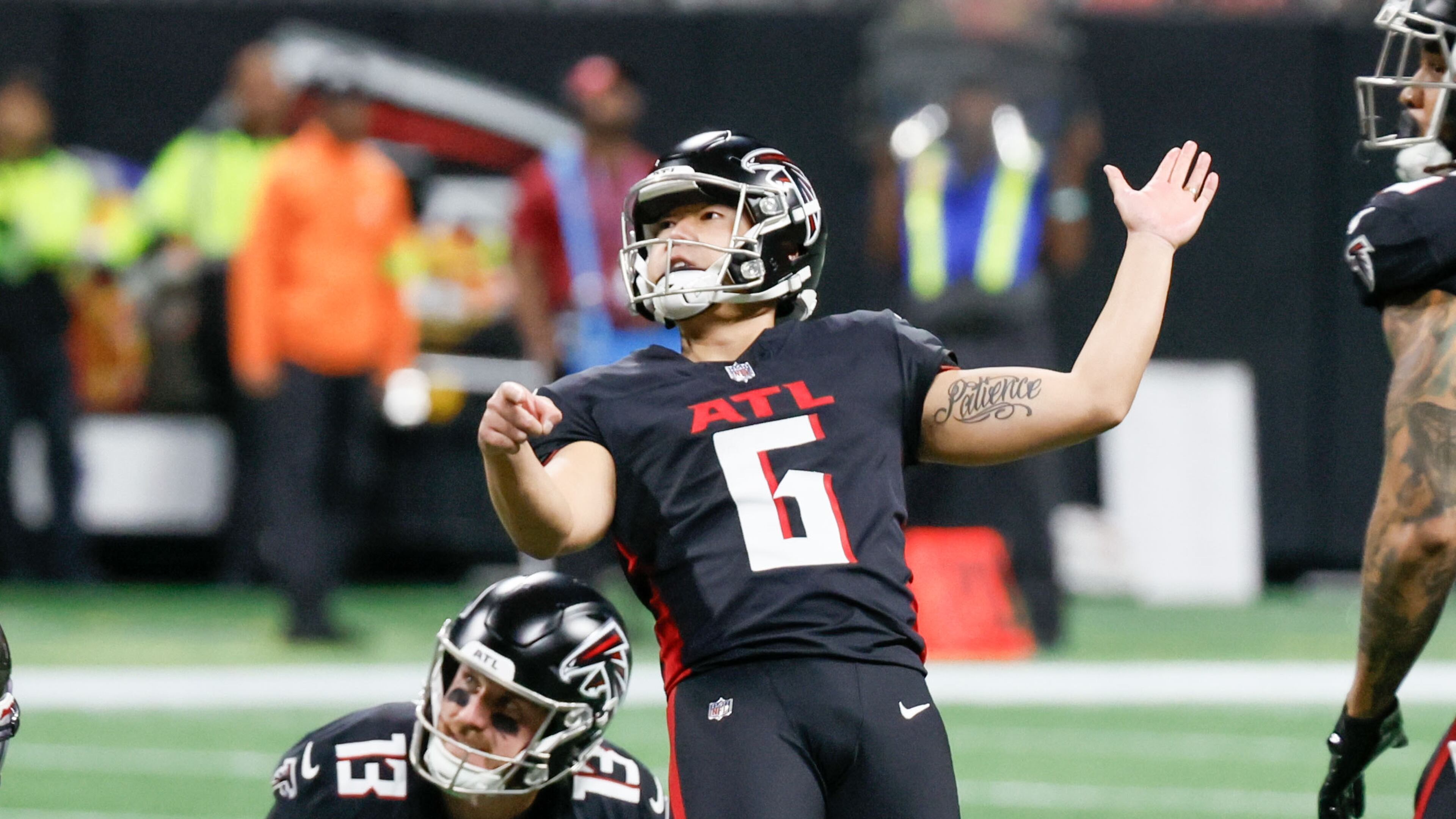 Atlanta Falcons placekicker Younghoe Koo (6) watches the ball hitting the post for a missed field-goal attempt during the first half of an NFL football game against the Tampa Bay Buccaneers on Sunday, Dec. 10, 2023, at Mercedes-Benz Stadium in Atlanta. (Miguel Martinez/miguel.martinezjimenez@ajc.com)