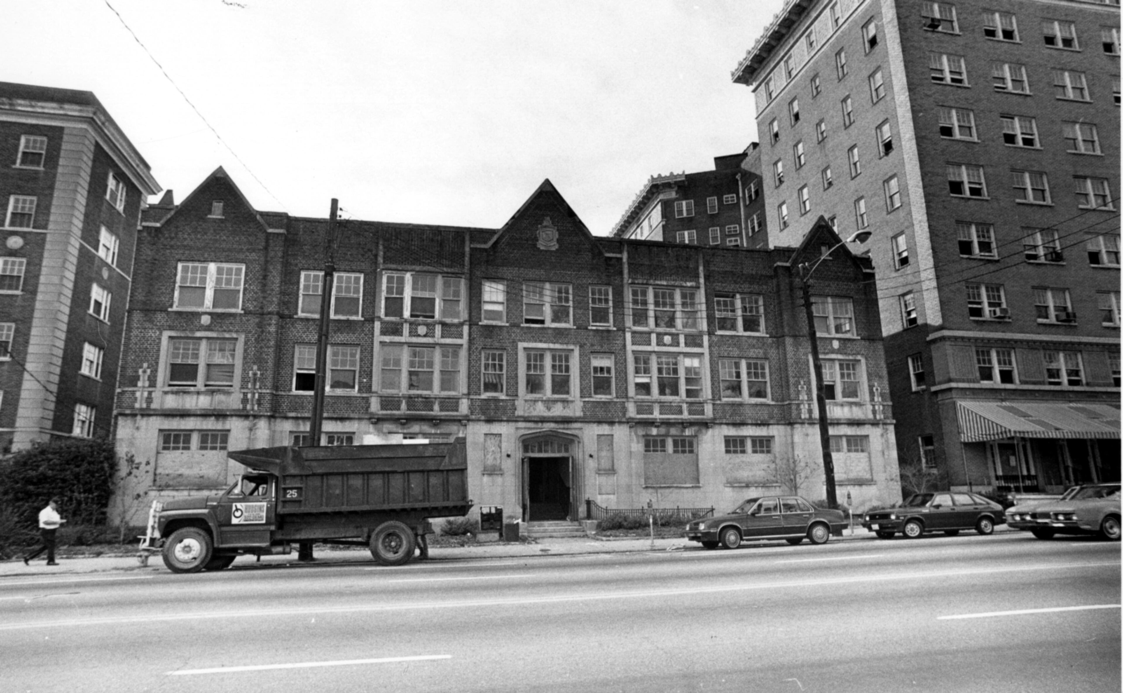 Dec. 10, 1985 - Atlanta, Ga.: Wrecking ball target, the old Pershing Point Apartments on Peachtree Street. 'It's the loss of one of the nicest collections of buildings of that era and scale in Atlanta. (Joe McTyre/AJC staff) 1985