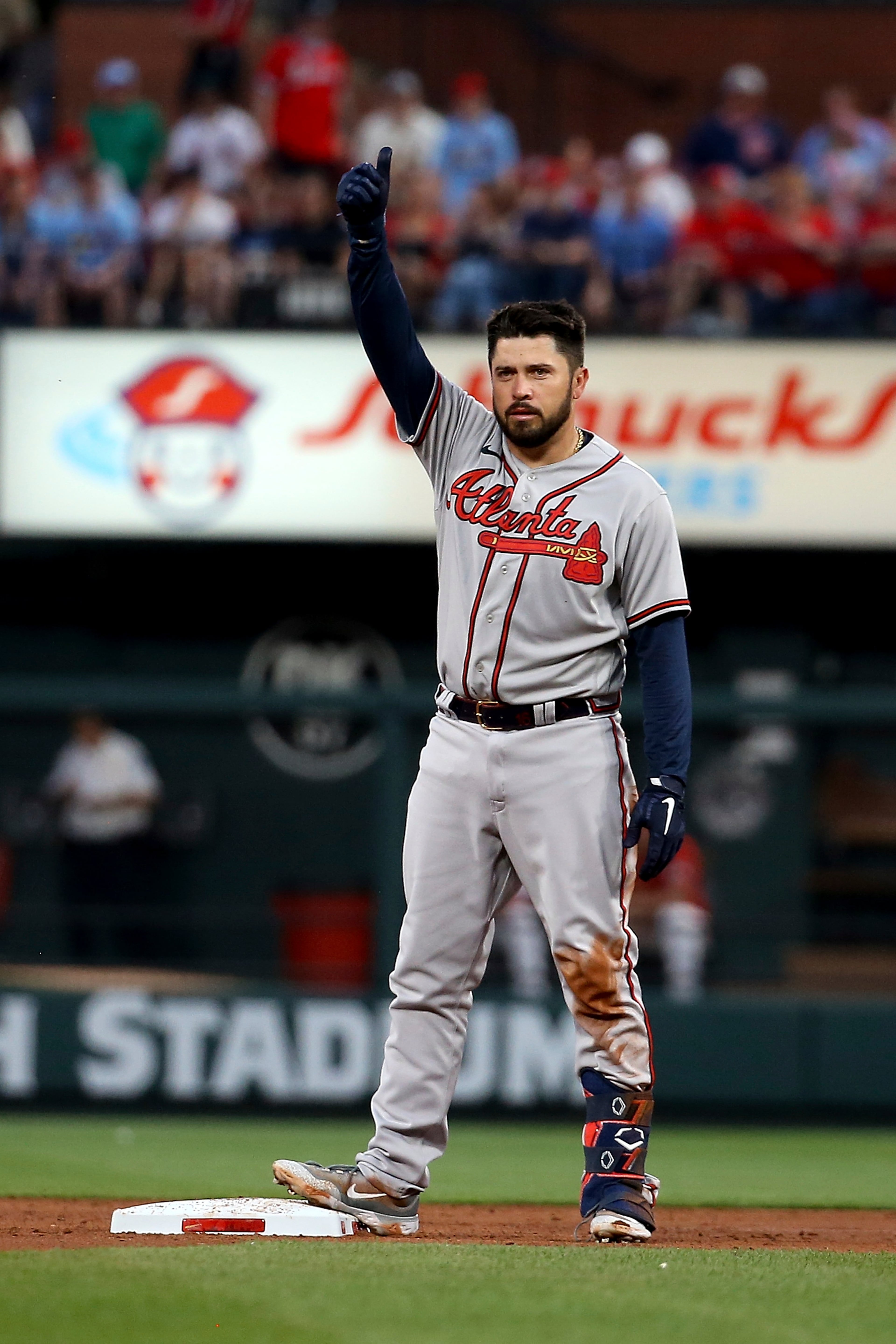 Travis d'Arnaud gestures after hitting a double during the third inning against the St. Louis Cardinals Tuesday, April 4, 2023, in St. Louis.