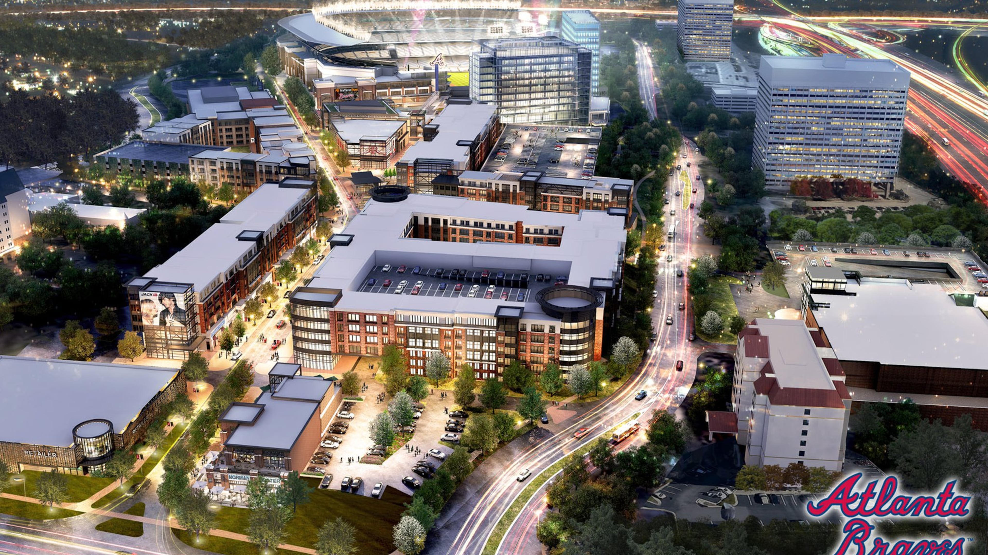 Entering the development from Cobb Parkway, visitors will be greeted by a view straight down the main thoroughfare into SunTrust Park. (HANDOUT RENDERING / ATLANTA BRAVES)
