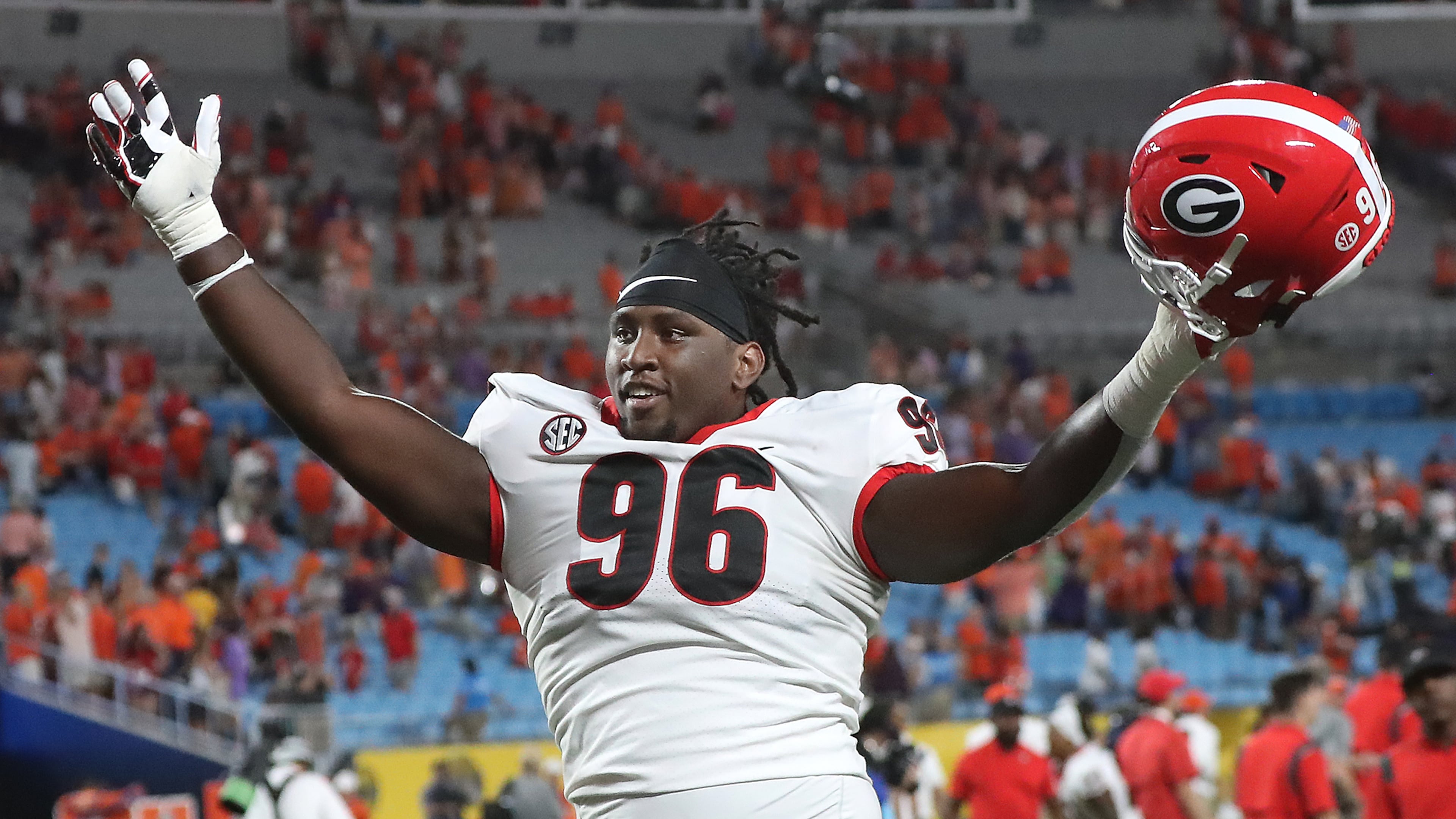 Georgia defensive lineman Zion Logue reacts after a 10-3 victory over Clemson. (Curtis Compton / Curtis.Compton@ajc.com)
