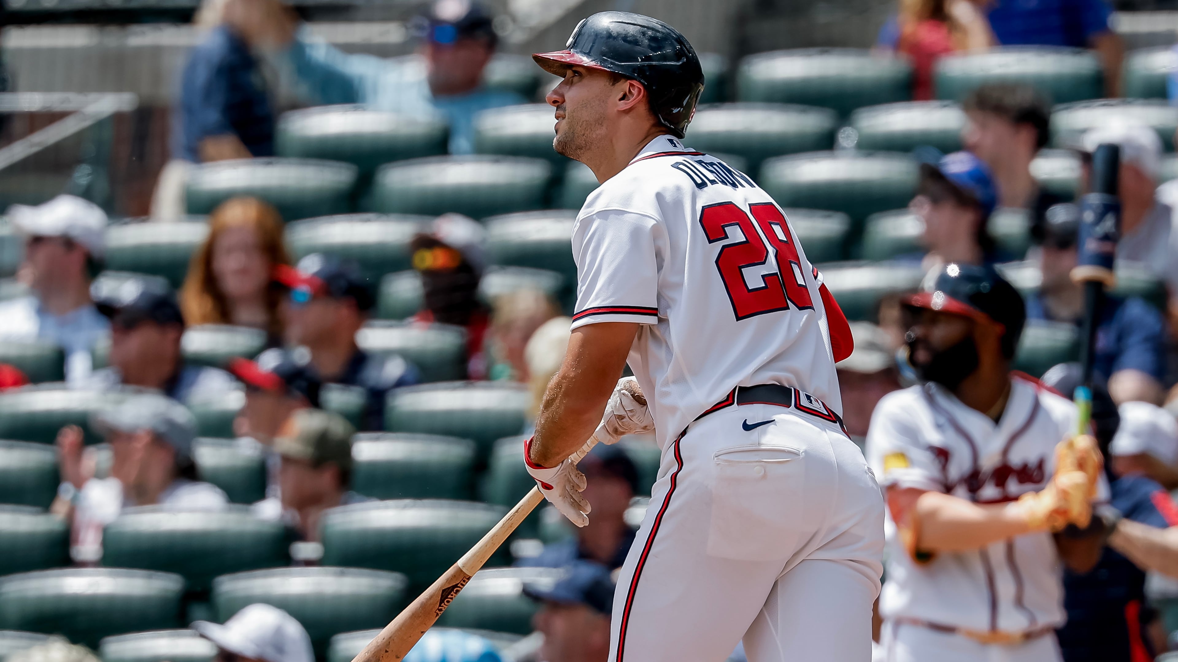 The Braves' Matt Olson watches his solo home run in the fourth inning against the Nationals on Sunday, Aug. 2, 2026, at Truist Park in Atlanta. Olson and Mike Yastrzemski homered for the Braves, who are 37-7 when hitting at least two home runs. (Erik S. Lesser/AP)