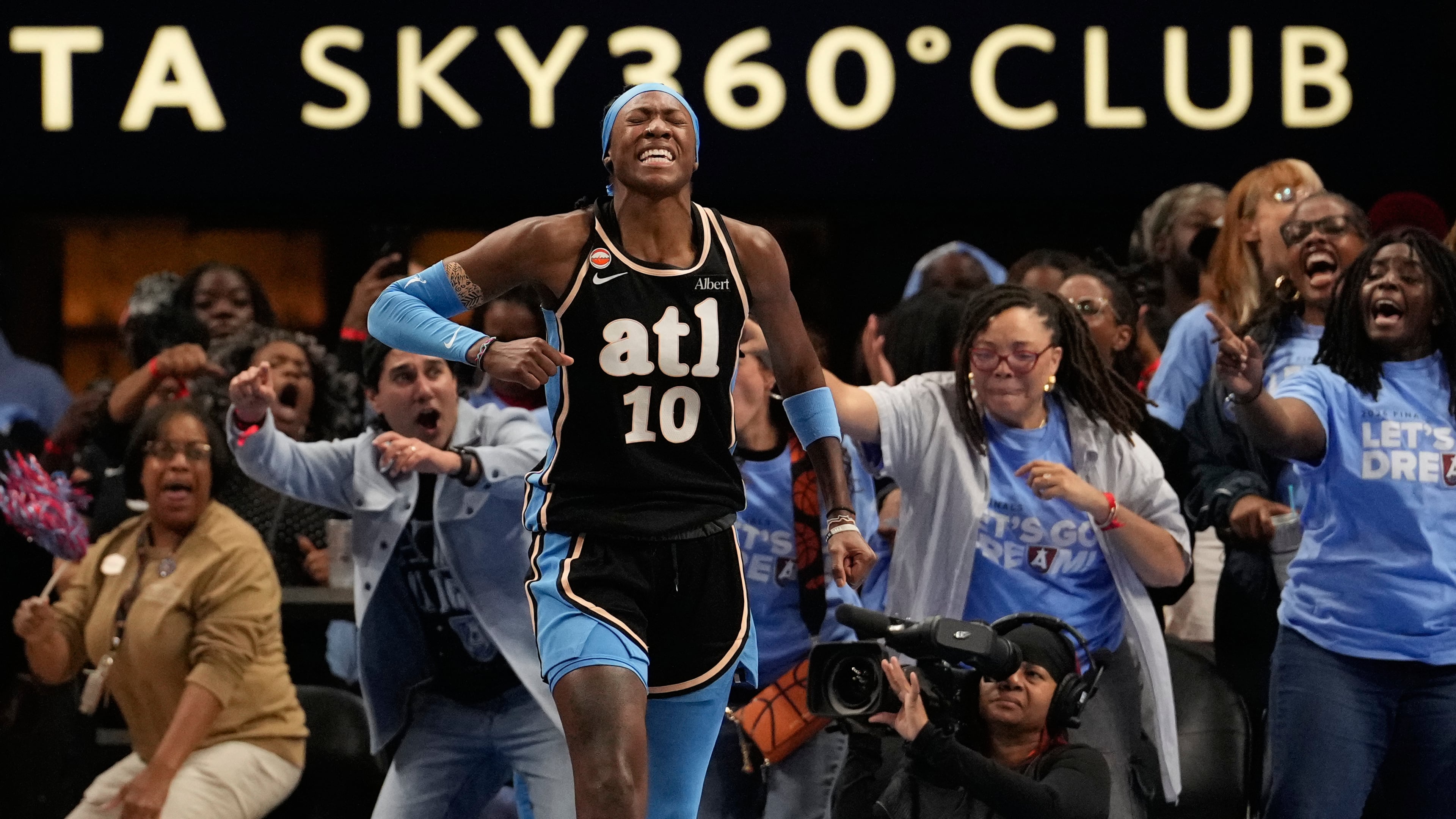 Dream guard Rhyne Howard (center) reacts after blocking a shot in Game 3 against the Valkyries on Wednesday, Oct. 21, 2026, in Atlanta. After winning Game 5 on Monday, Golden State leads the series 3-2. (Brynn Anderson/AP)