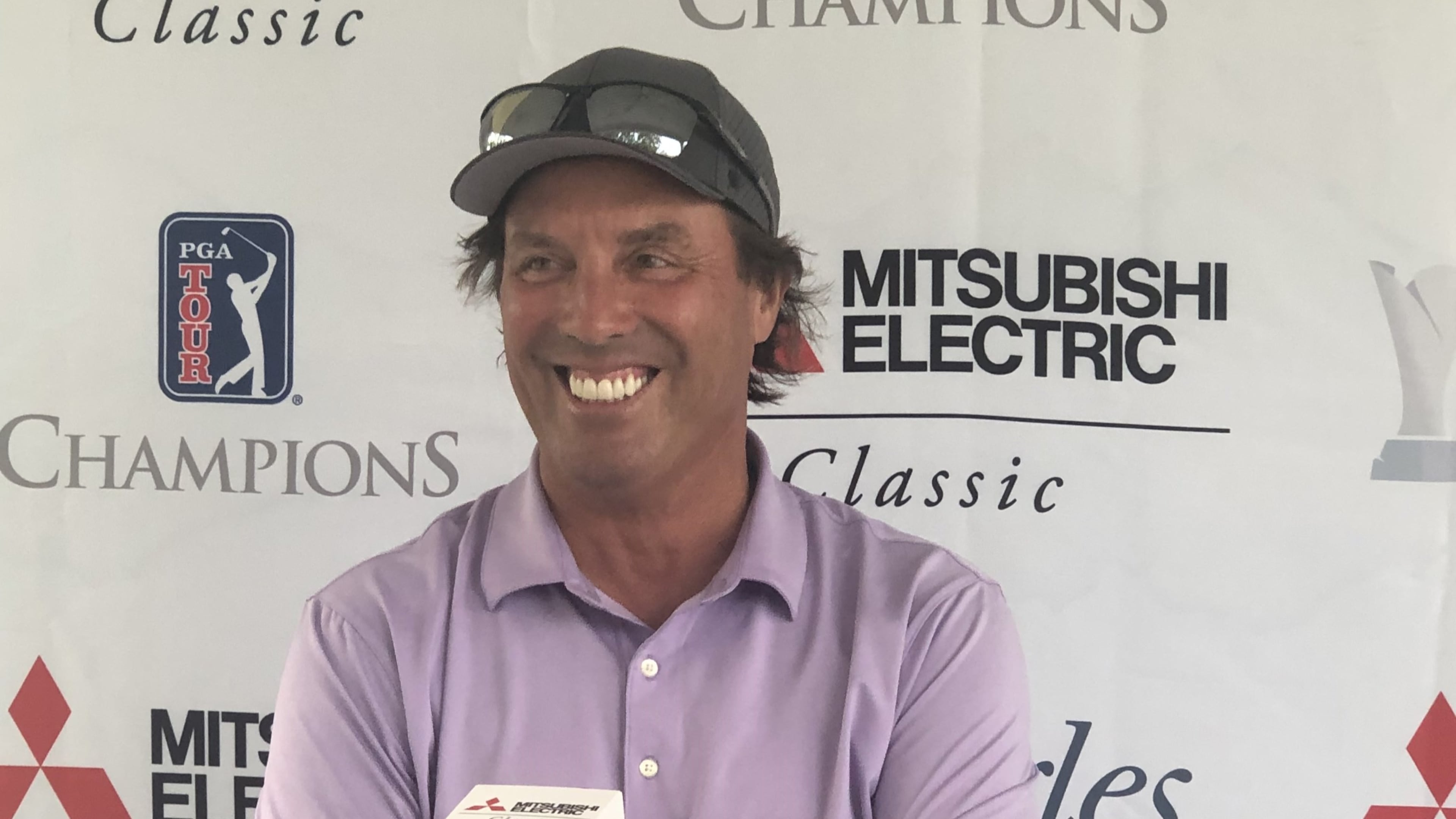 Stephen Ames is all smiles after his second-round 64 gives him a three-shot leading going into the final round of the 2023 Mitsubishi Electric Classic at TPC Sugarloaf.