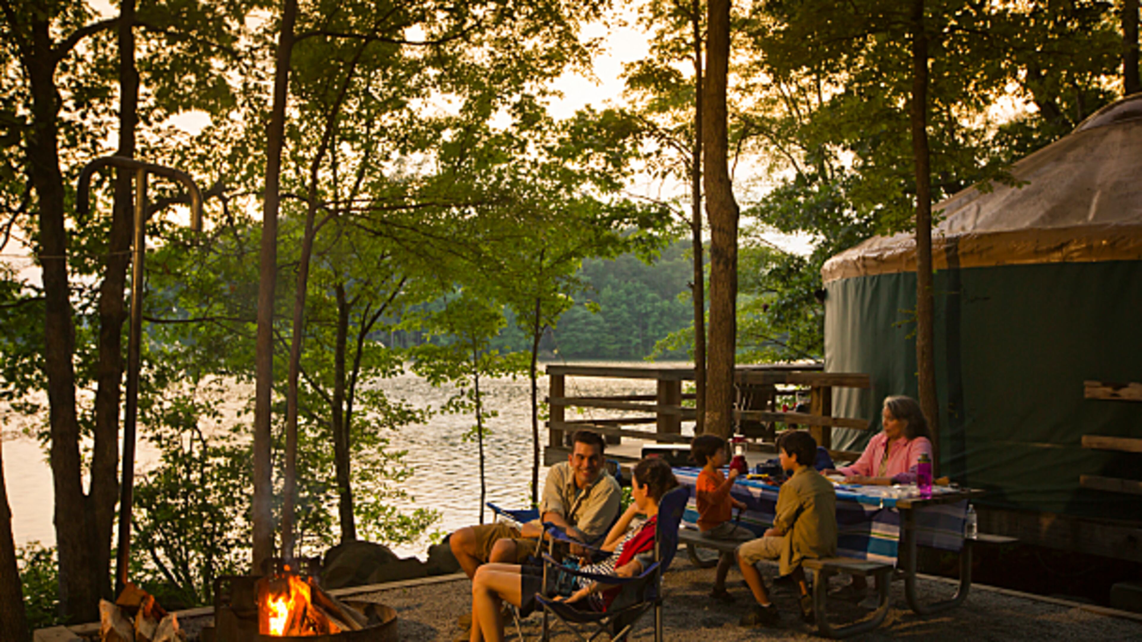 Fort Yargo State Park's yurts have access to a lake with a large swimming beach.
