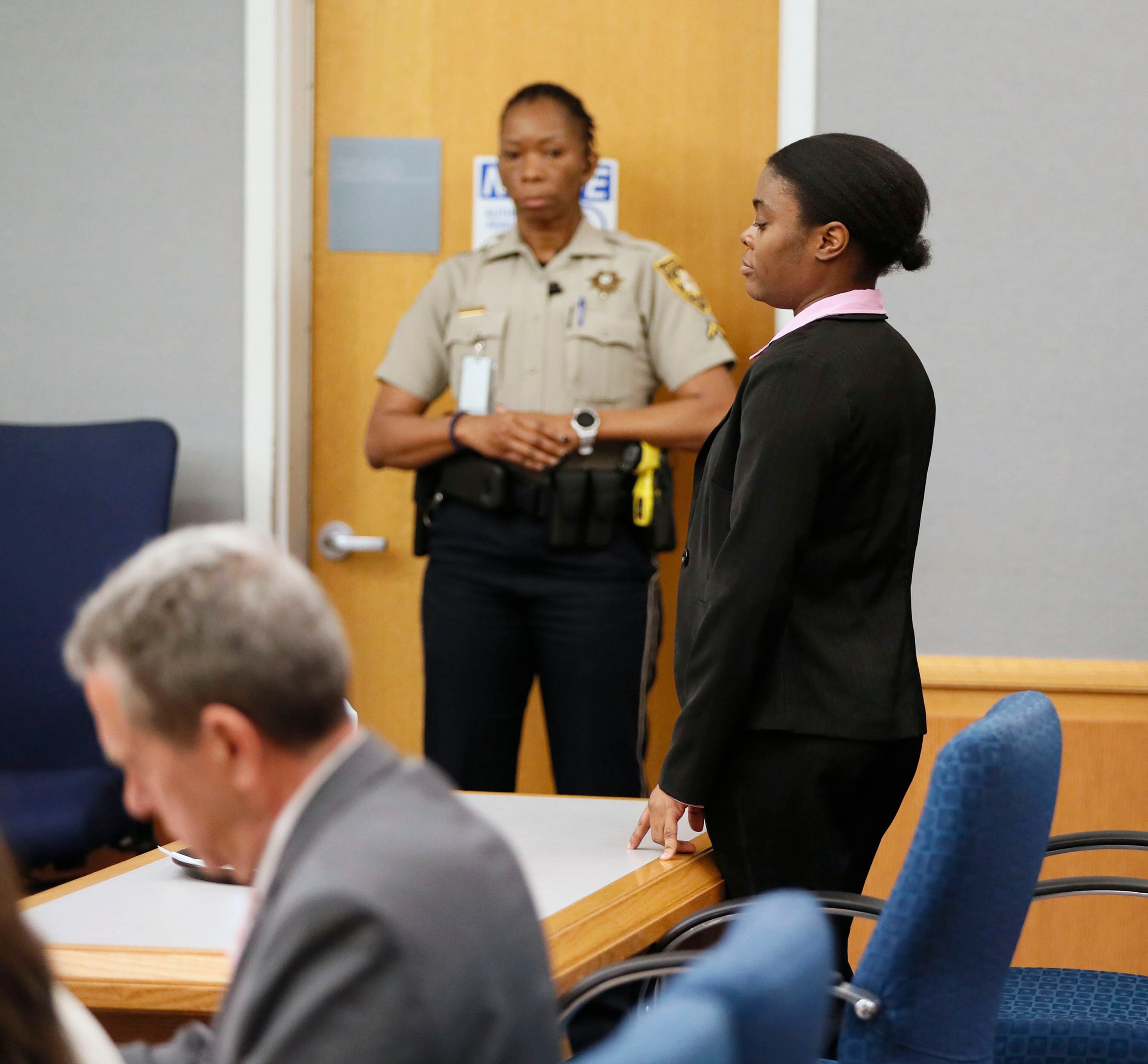 April 30, 2019 - Lawrenceville - Tiffany Moss stands as her execution date is set. The jury in the Tiffany Moss murder trial today sentenced her to death after they found Moss, who is representing herself, guilty of intentionally starving her 10-year-old stepdaughter Emani to death in the fall of 2013, in addition to other charges. The prosecution is asking for the death penalty. Bob Andres / bandres@ajc.com