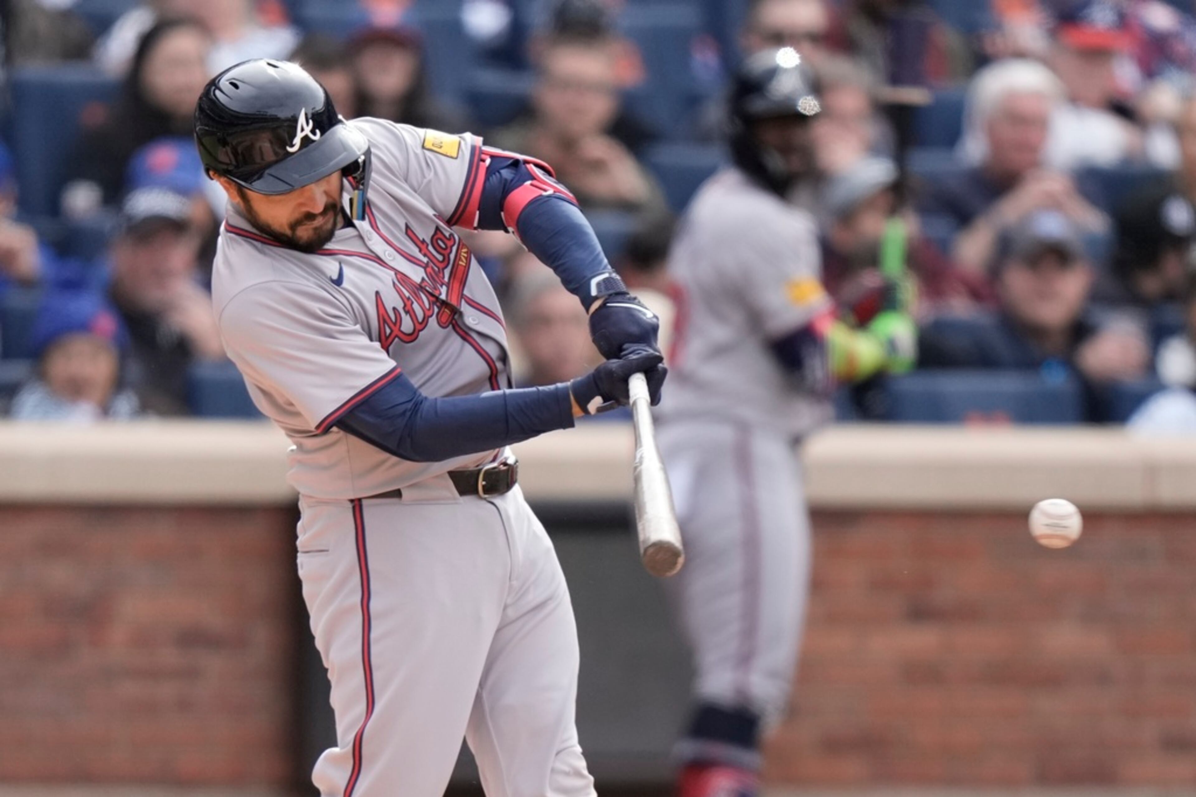 Atlanta Braves' Travis d'Arnaud hits a single during the fourth inning of a baseball game against the New York Mets, Saturday, May 11, 2024, in New York. (AP Photo/Frank Franklin II)