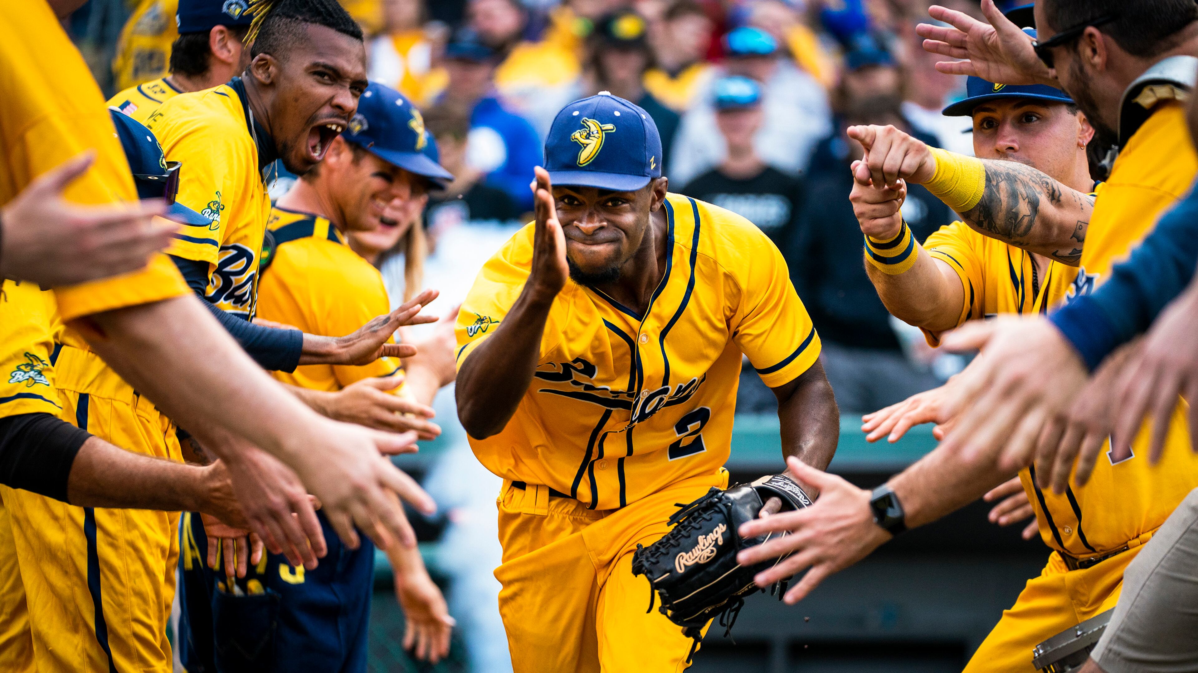 Savannah Banana Malachi Mitchell (2) and other members of the starting lineup take to the field for a Banana ball game against the Kansas City Monarchs at Legends Field on Friday, May 6, 2022, in Kansas City, Kansas. (Kent Nishimura/Los Angeles Times/TNS)