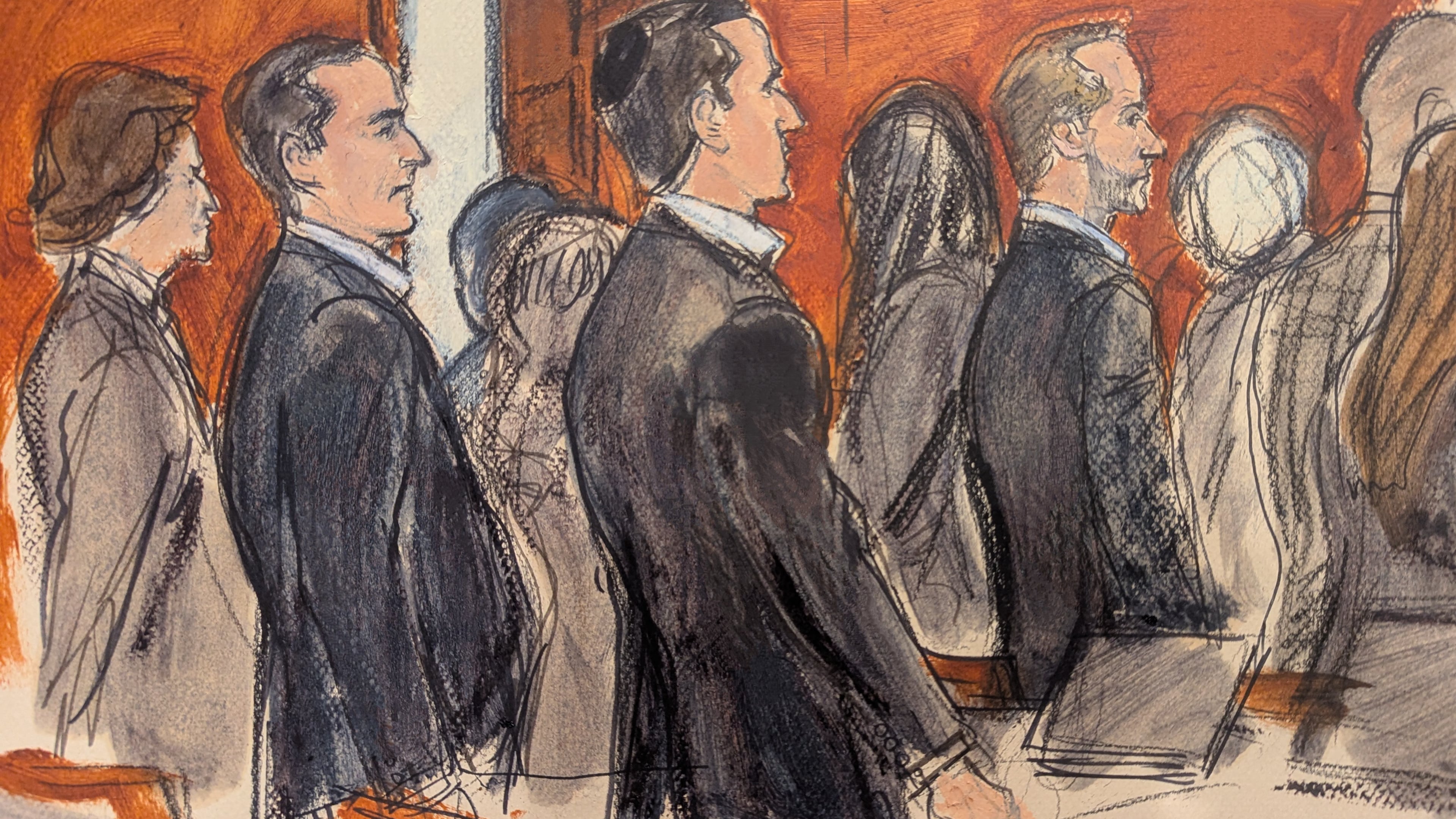 FILE - In this courtroom sketch, Alon Alexander, second from left, Oren Alexander, center, and Tal Alexander, watch the jury file out of the courtroom after the verdict was read in Manhattan federal court, March 9, 2026, in New York. (Elizabeth Williams via AP, File)