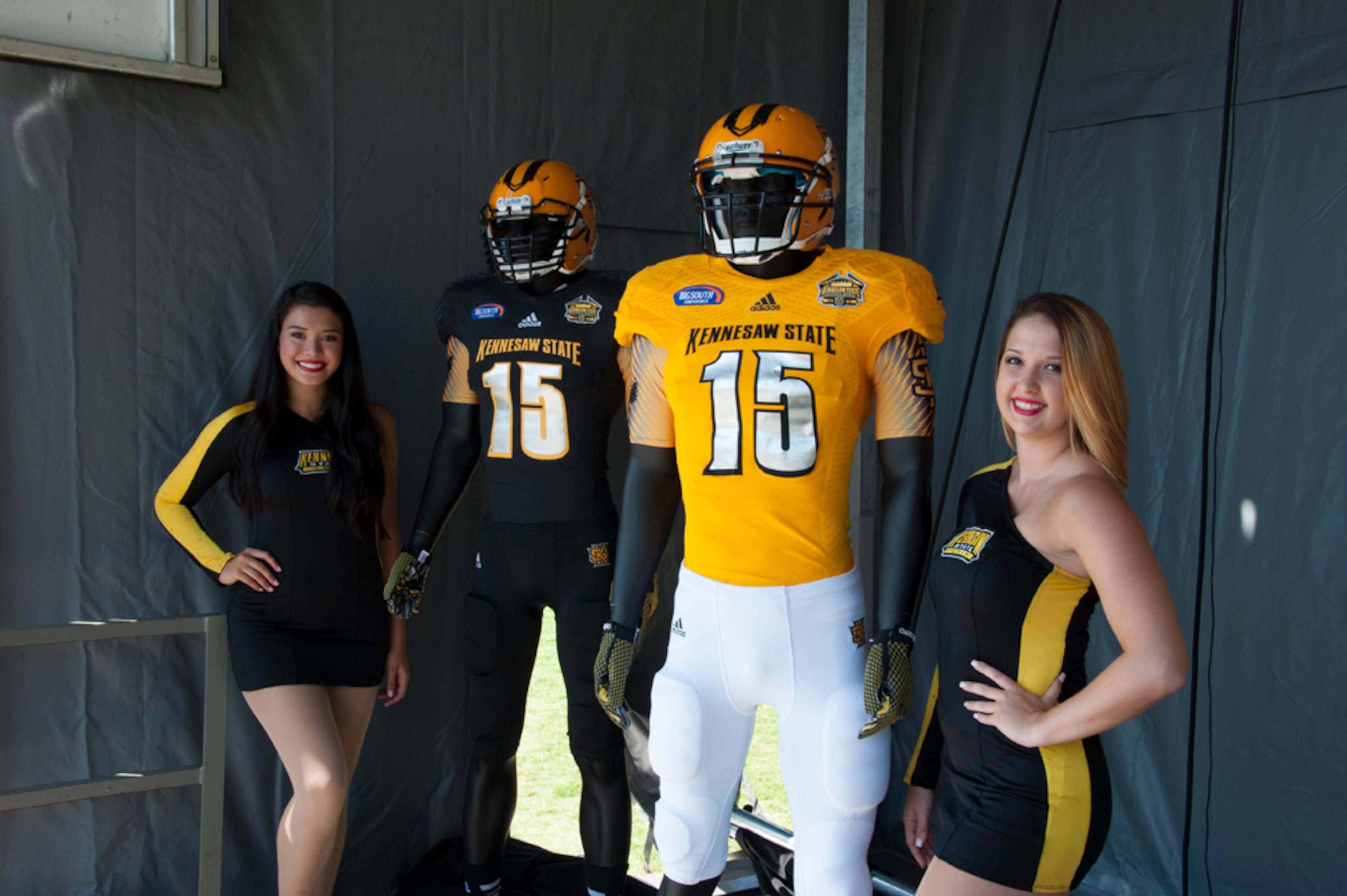 The gold jersey includes gray numbers outlined in black and features the Big South Conference logo on the right chest and the inaugural season logo on the left chest. The Owls also have a black jersey with gray numbers outlined in gold.