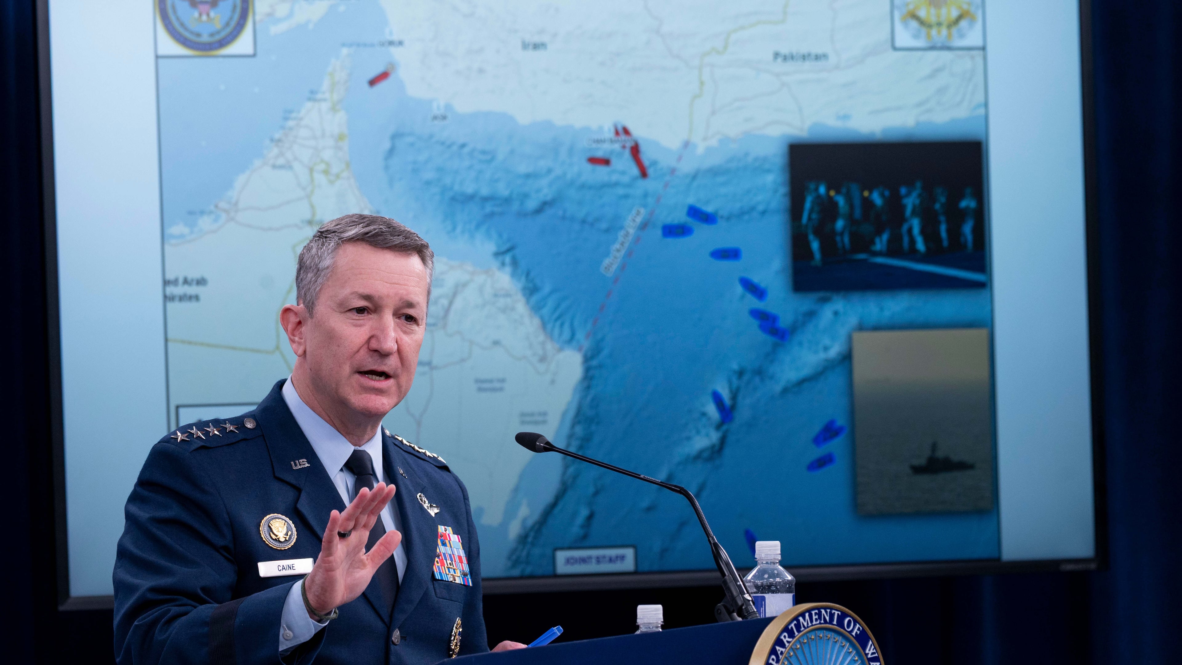 Chairman of the Joint Chiefs of Staff Gen. Dan Caine speaks to members of the media during a press briefing at the Pentagon, Thursday, April 16, 2026 in Washington. (AP Photo/Kevin Wolf)