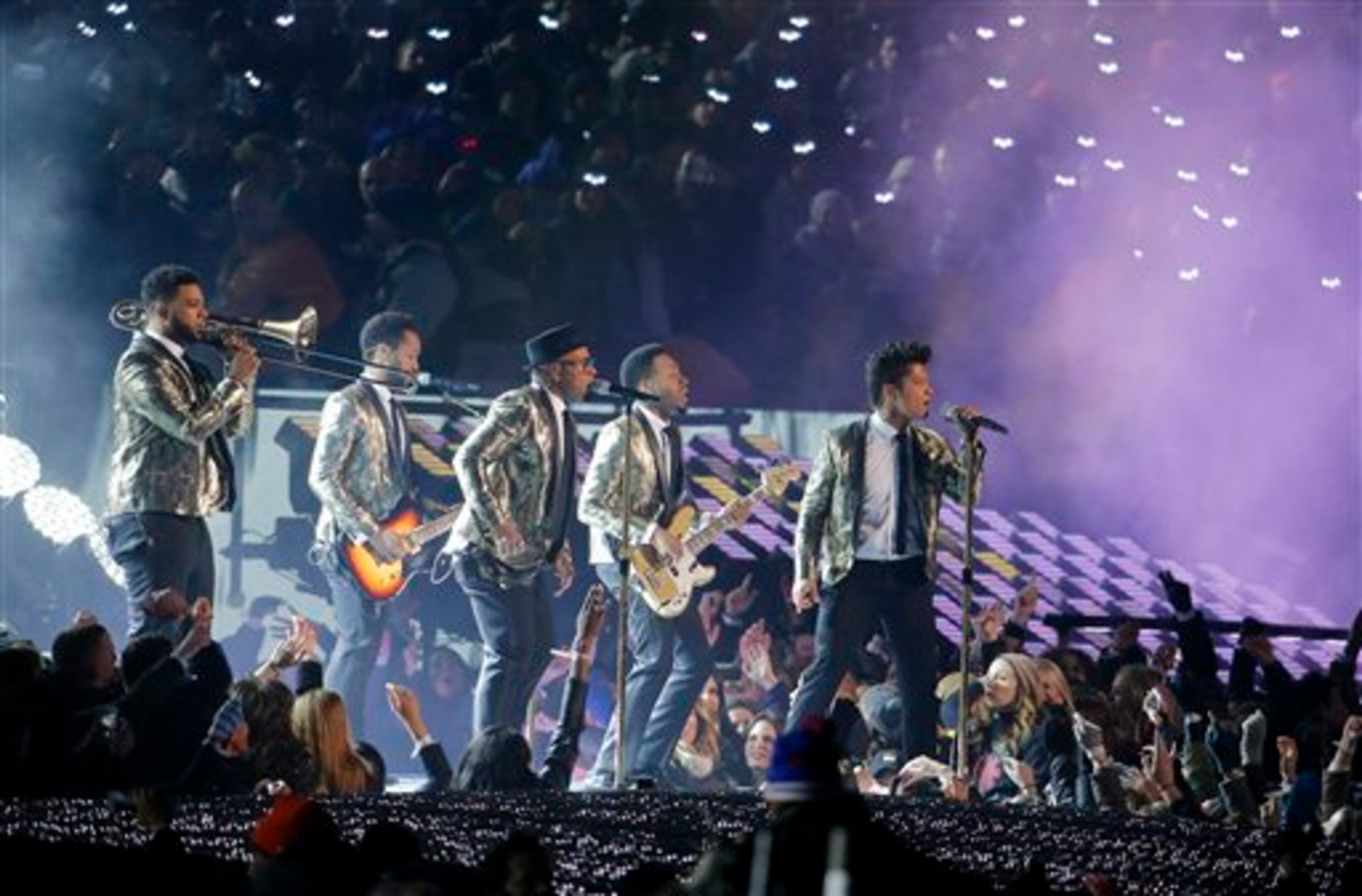 Bruno Mars performs during the halftime show of the NFL Super Bowl XLVIII football game between the Seattle Seahawks and the Denver Broncos Sunday, Feb. 2, 2014, in East Rutherford, N.J. (AP Photo/Matt York)