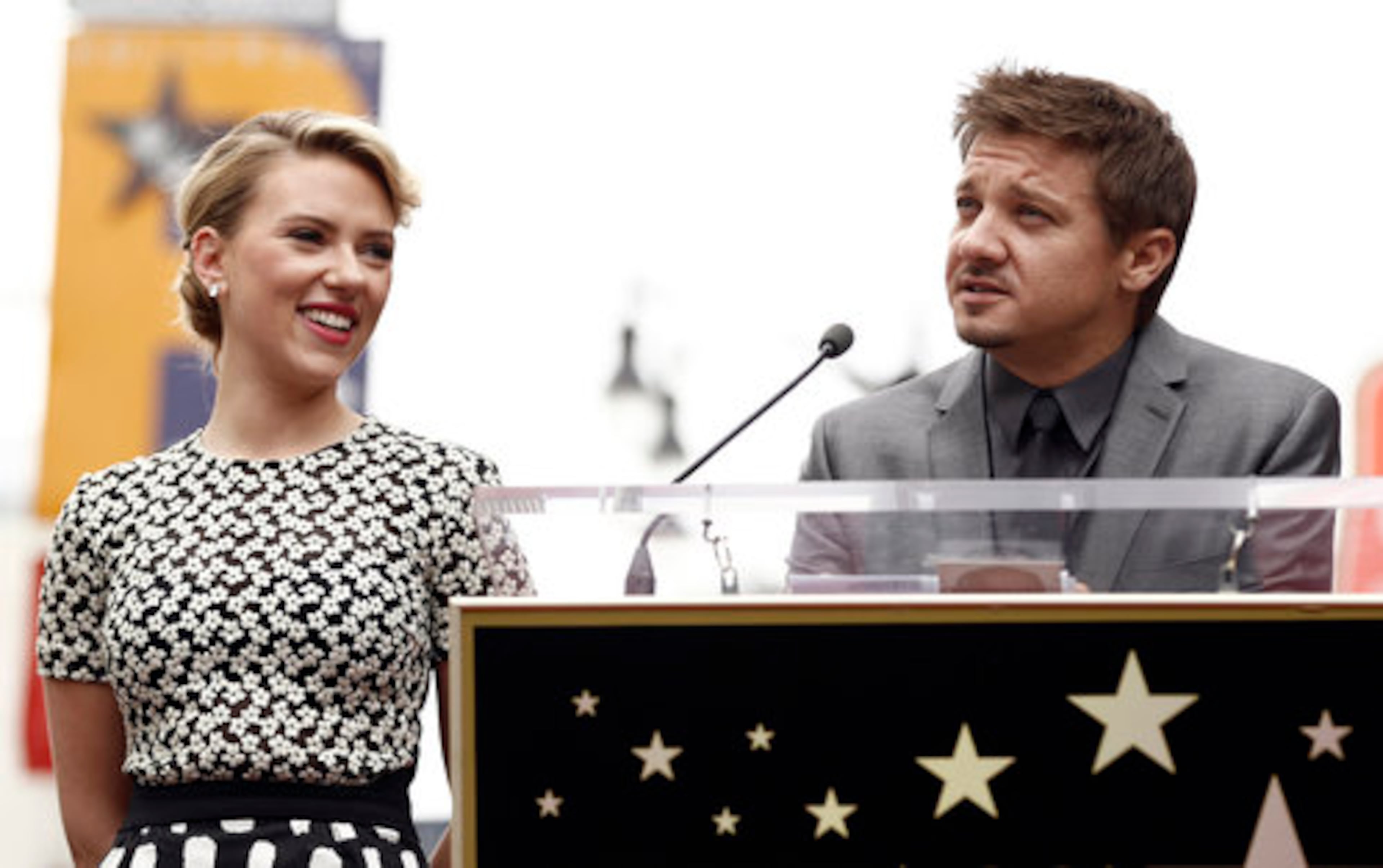 Scarlett Johansson's co-star in "The Avengers," Jeremy Renner, served as speaker. Renner joked that during filming Johansson "beat me, stepped on me and wiped the floor with my dignity and self-respect every day - all with a smile on her face. Now, finally, I get to step on you, sweetheart."
