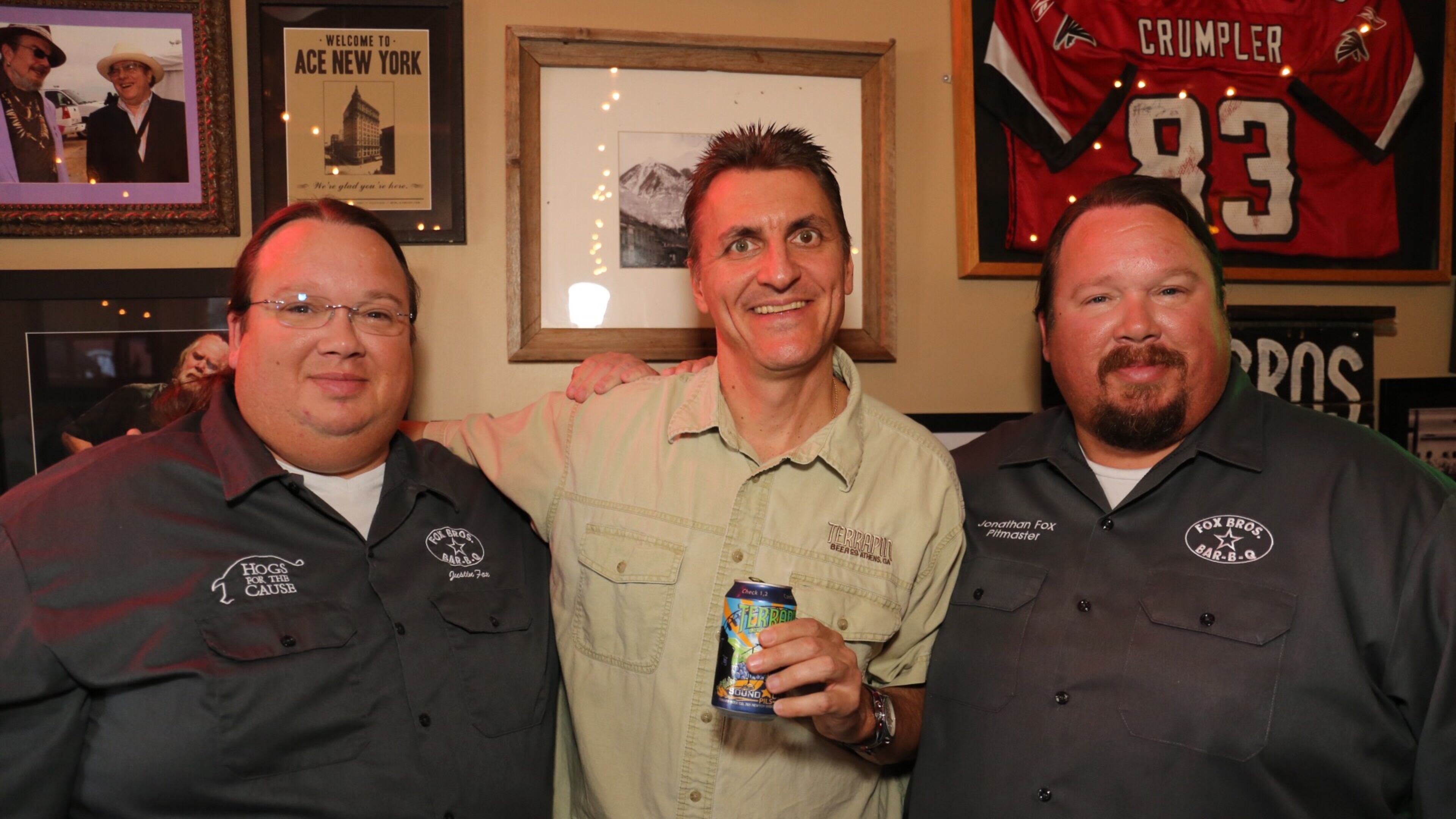 Twin brothers Justin and Jonathan Fox with Terrapin's Brian "Spike" Bukowski at Fox Bros. Bar-B-Q in Atlanta. Credit: Reid Ramsay.