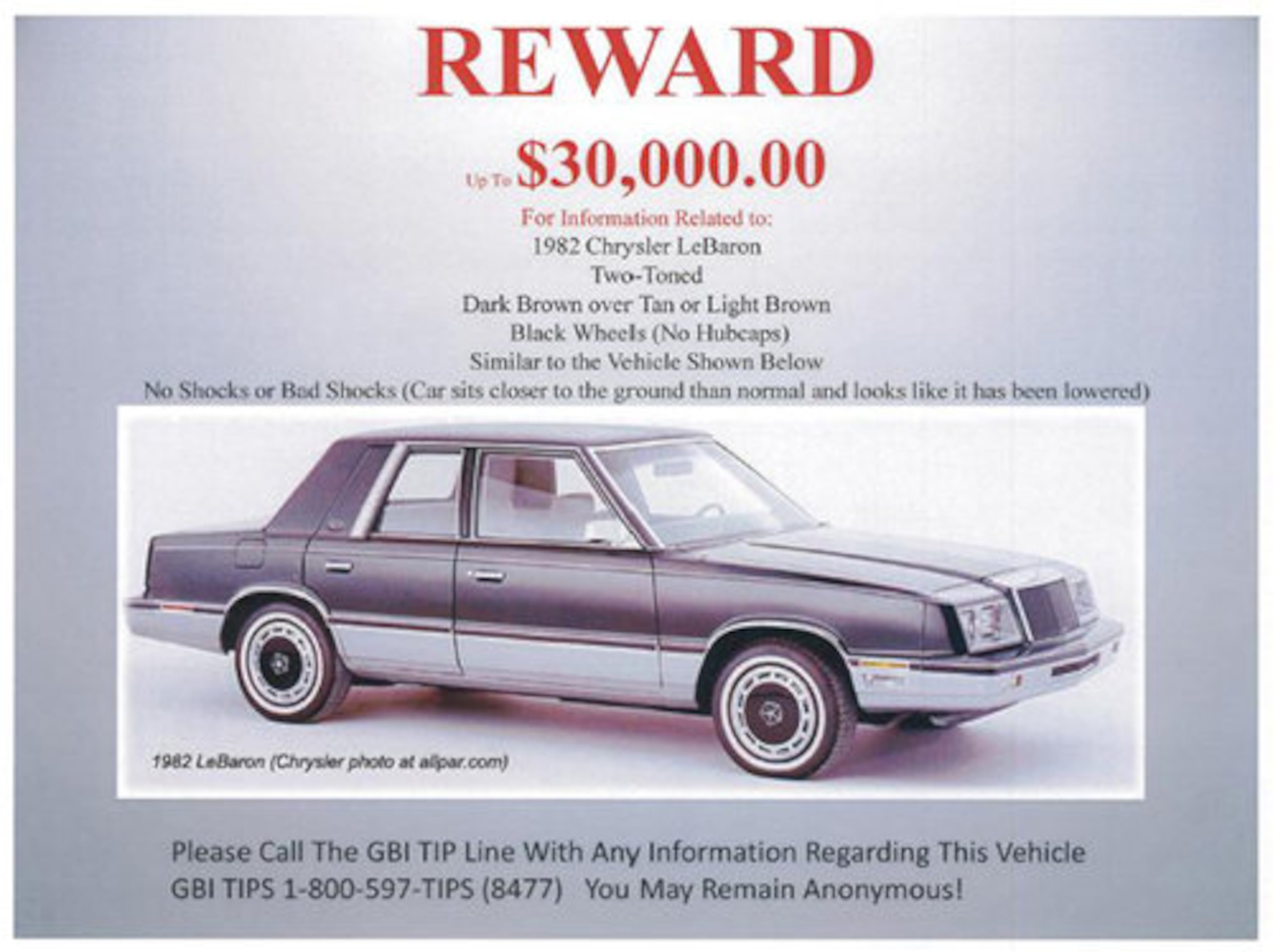 Police issued a reward for information that would lead them to a vehicle - an early 1980s Chrysler - sought in connection with the killing of Chattahoochee Hills police officer Mike Vogt.