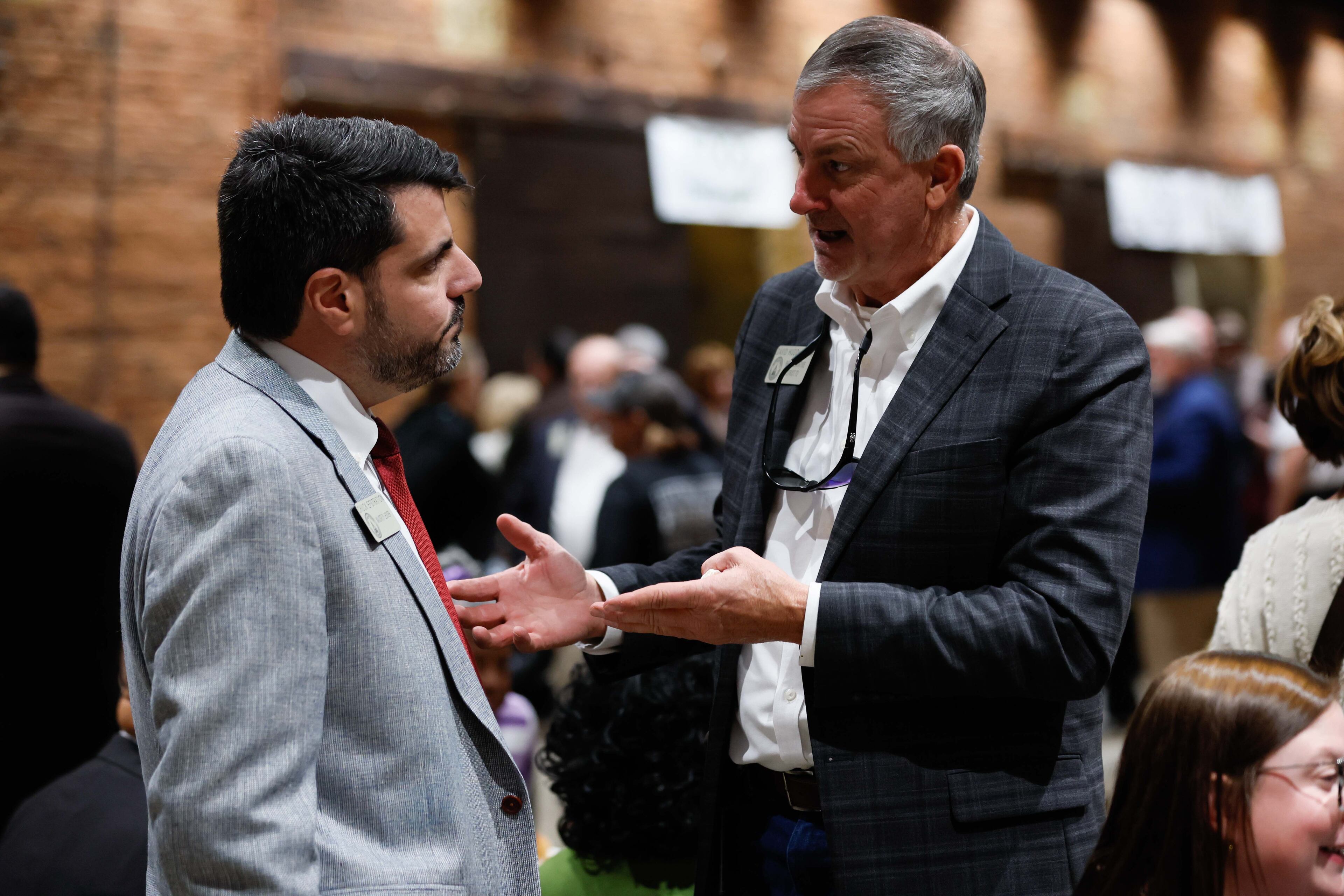State Rep. David Huddleston (right), R-Roopville, chatted with Georgia House Majority Leader Chuck Efstration, R-Mulberry, at an event in Atlanta earlier this year.