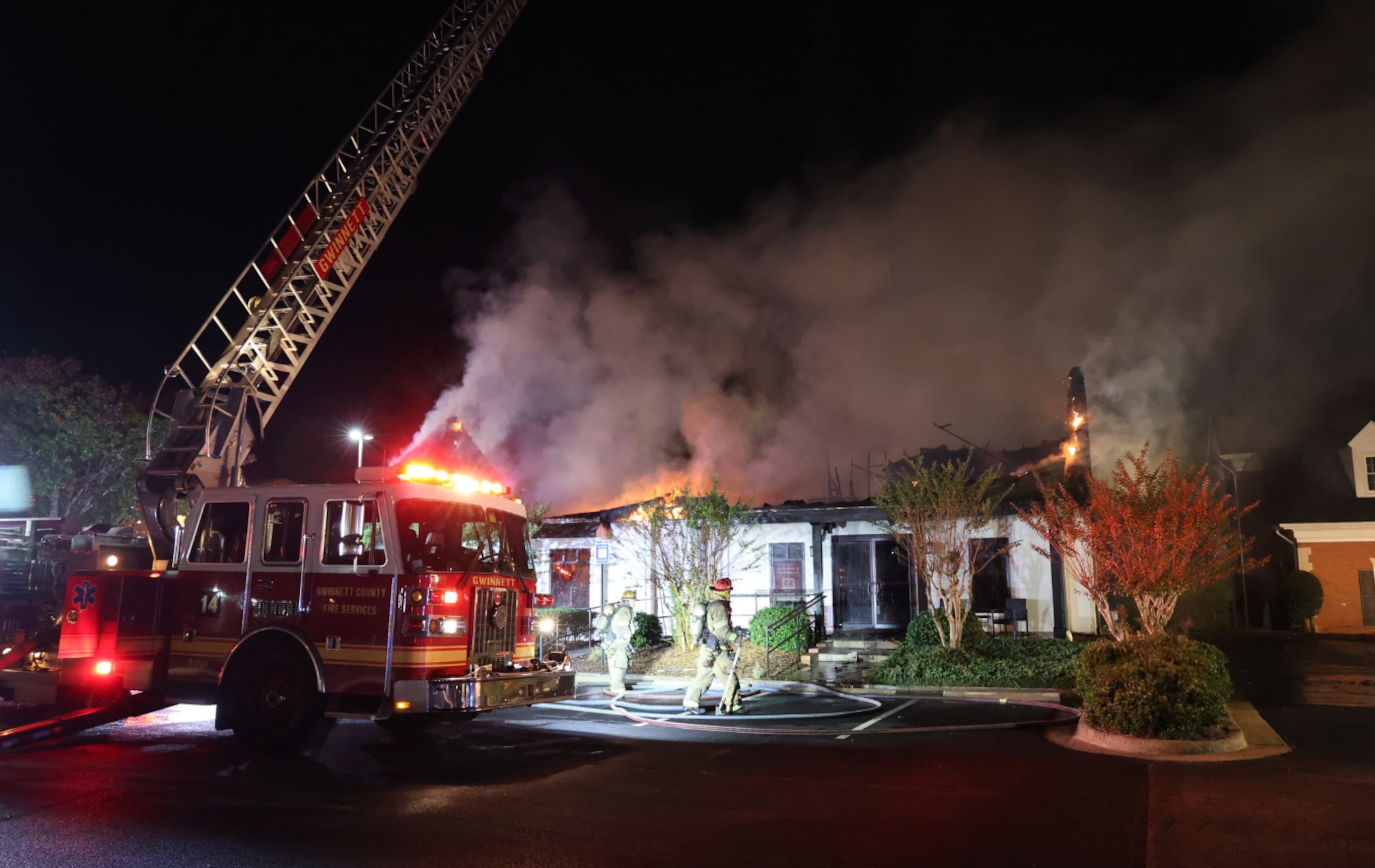 A fire erupted at an office building on Nelson Brogdon Boulevard in Gwinnett County on Saturday, Oct. 25, 2025. (Courtesy of Gwinnett County Fire and Emergency Services)