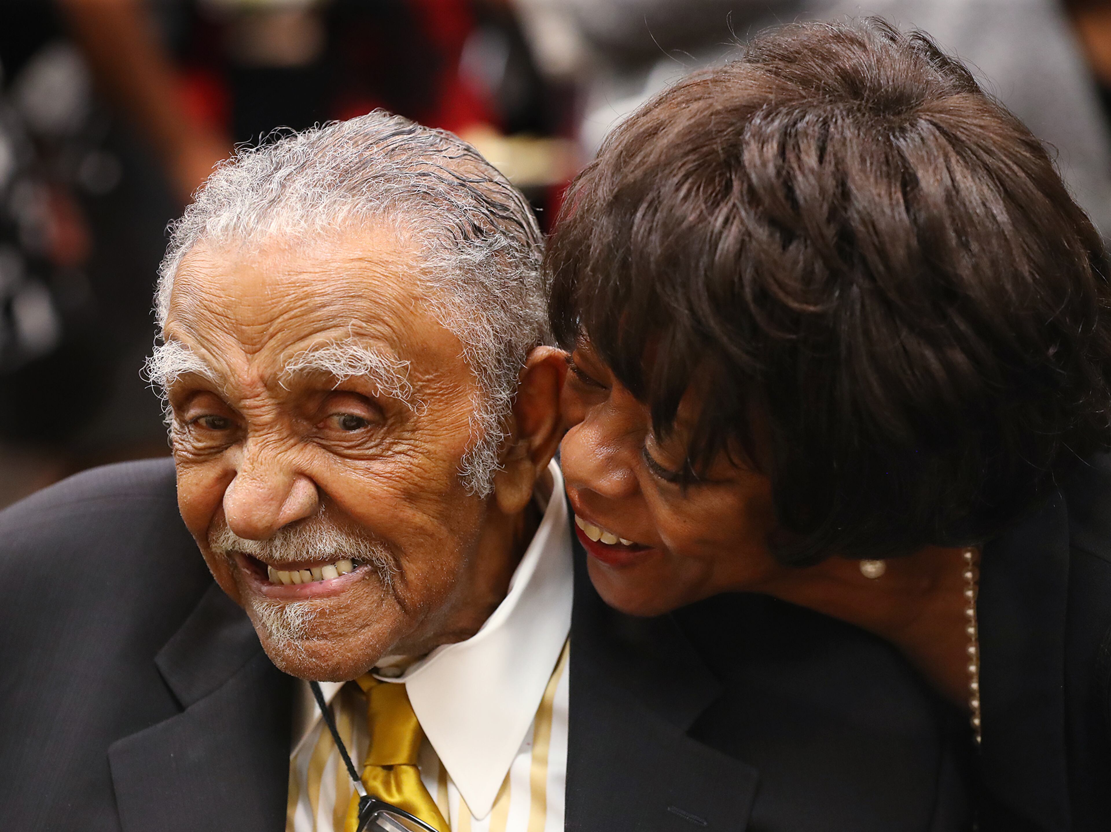 The Rev. Joseph Lowery shares a laugh with attendee Jacquelyn Simmons after she gave him a kiss on the cheek during his 96th Birthday Tribute on October 4, 2017 in Atlanta. Curtis Compton/ccompton@ajc.com