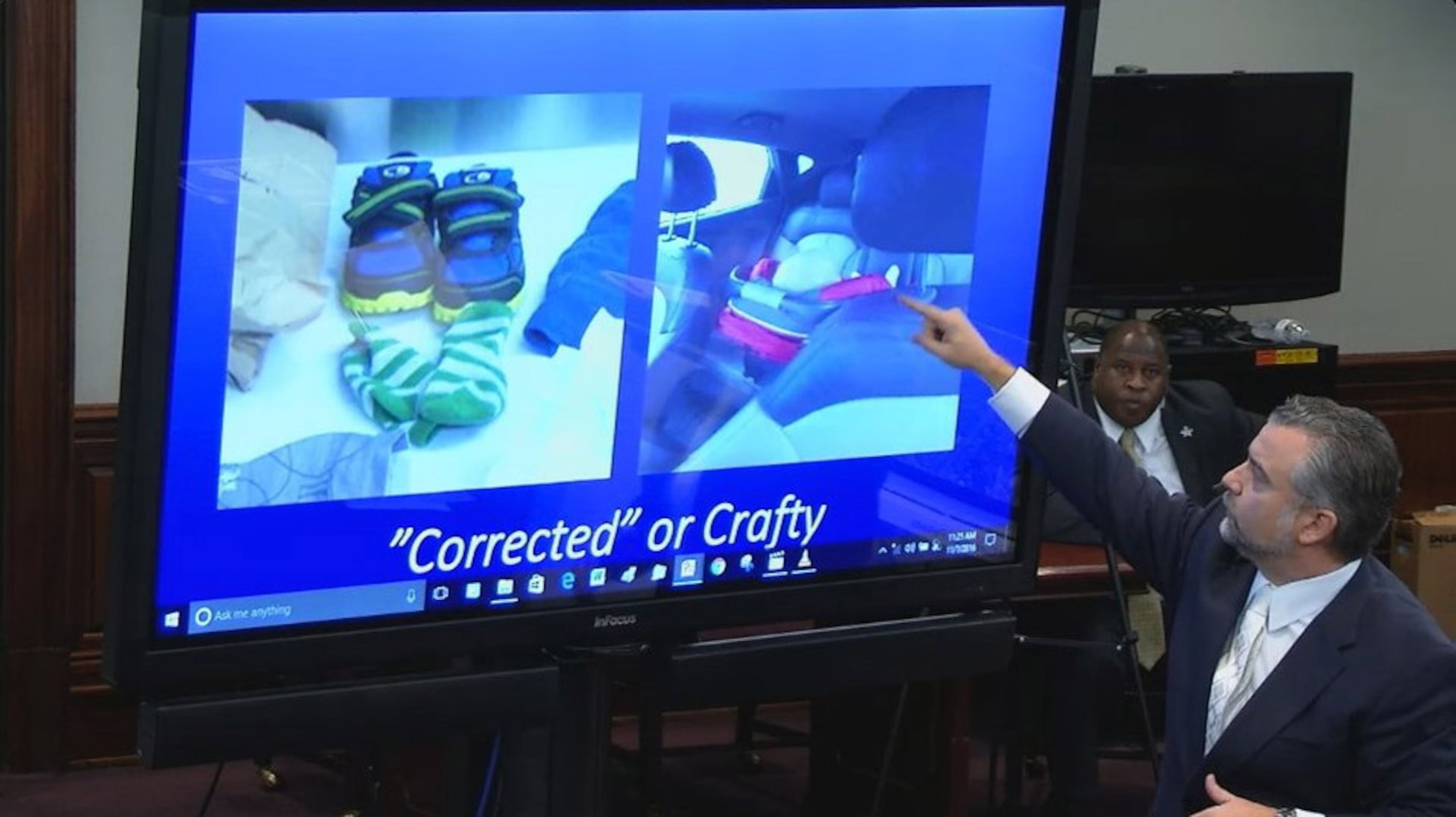 Defense attorney Maddox Kilgore attacks the accuracy of the state's 3-D recreation of the SUV scene, during his closing argument in the murder trial of Justin Ross Harris at the Glynn County Courthouse in Brunswick, Ga., on Monday, Nov. 7, 2016. (screen capture via WSB-TV)