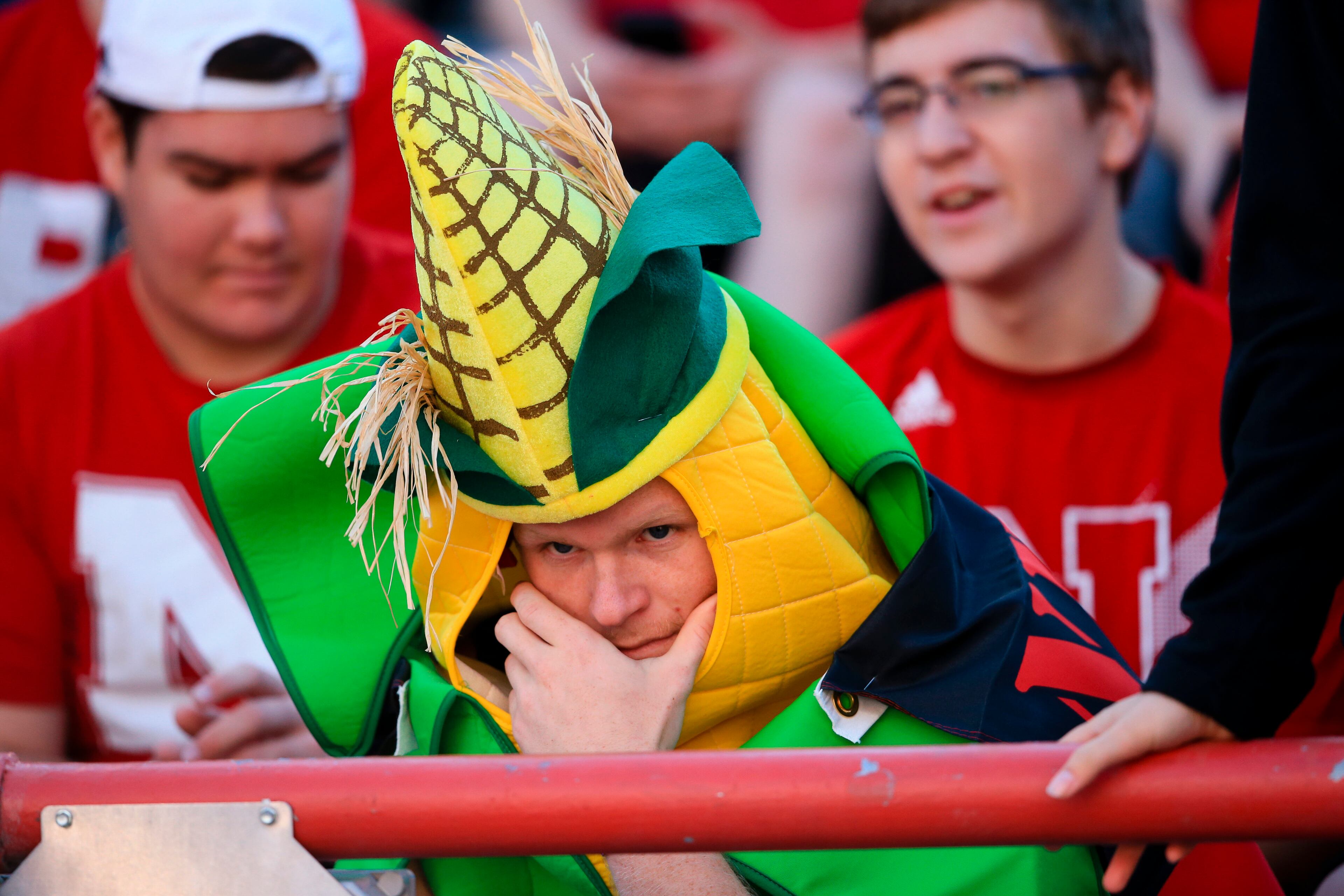 A Nebraska fan waits in the student section before an NCAA college football game against Southern Miss in Lincoln, Neb., Saturday, Sept. 26, 2015. (AP Photo/Nati Harnik)